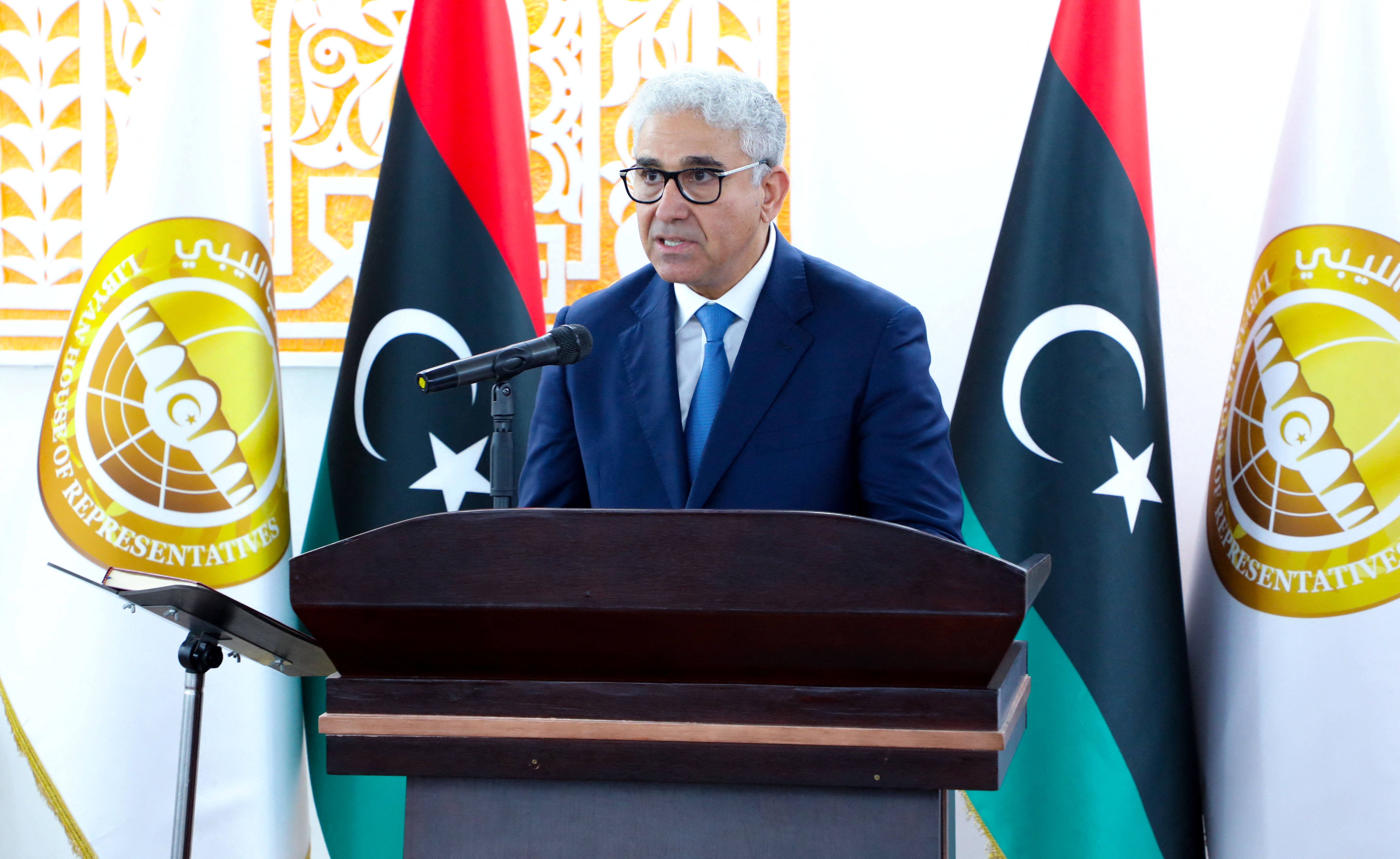 Fathi Bashagha, newly appointed as Libyan prime minister by the parliament, takes the oath in Tobruk, Libya