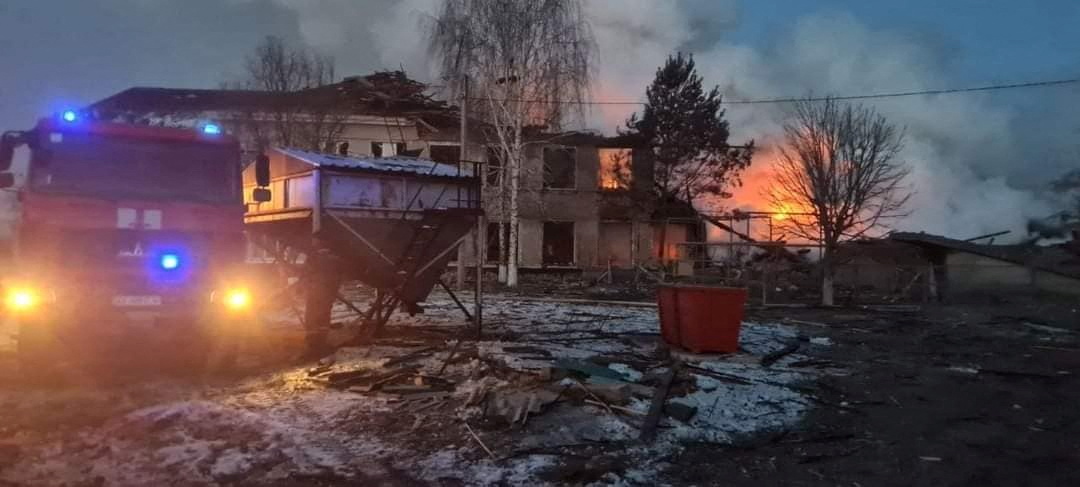 A view shows a school building destroyed by an airstrike, as Russia's invasion of Ukraine continues, in the town of Merefa, in Kharkiv region, Ukraine, in this handout picture released March 17, 2022. Press service of the State Emergency Service of Ukraine/Handout via REUTERS ATTENTION EDITORS - THIS IMAGE HAS BEEN SUPPLIED BY A THIRD PARTY.