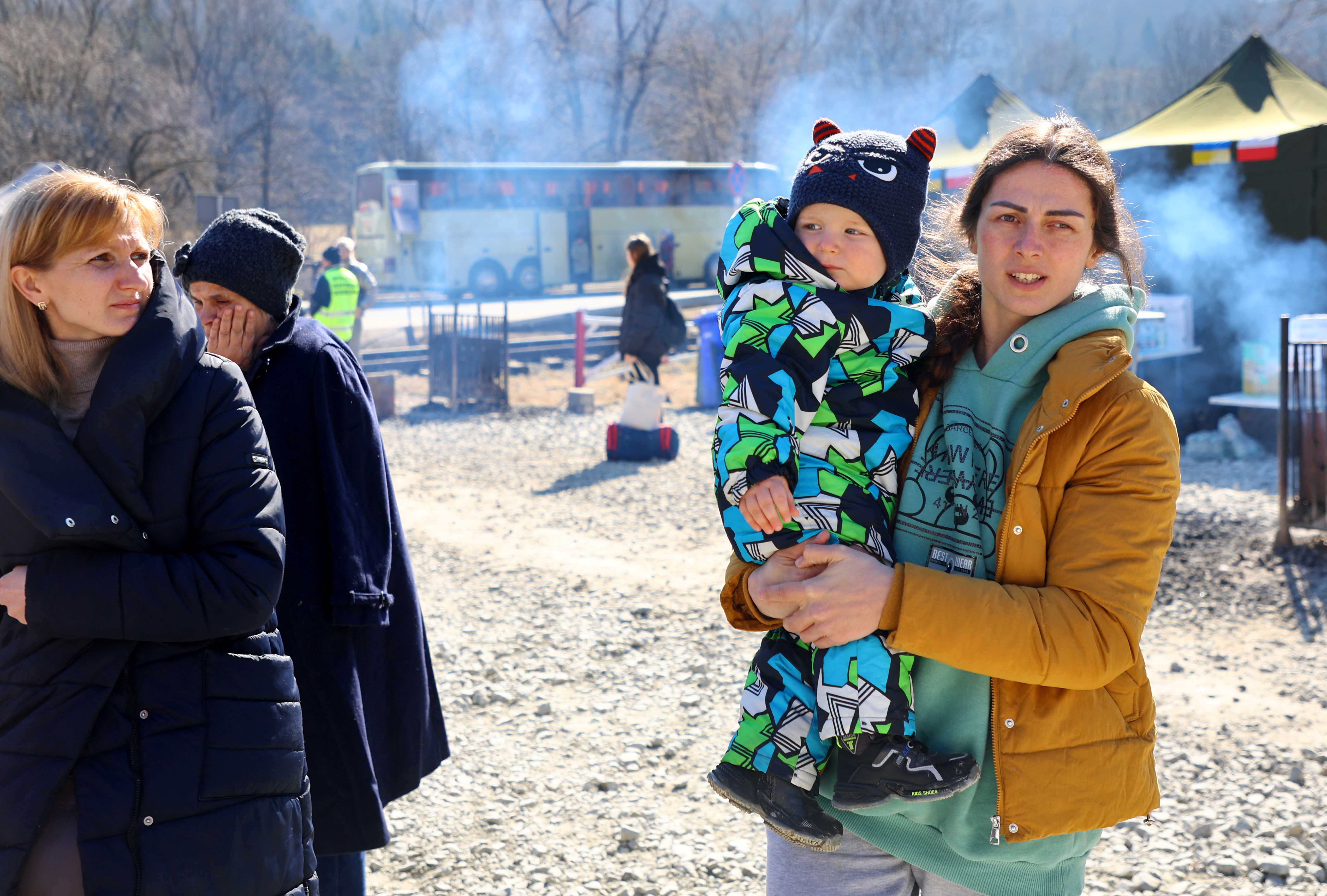 Ukrainian refugees seen in Poland, near the Ukrainian border