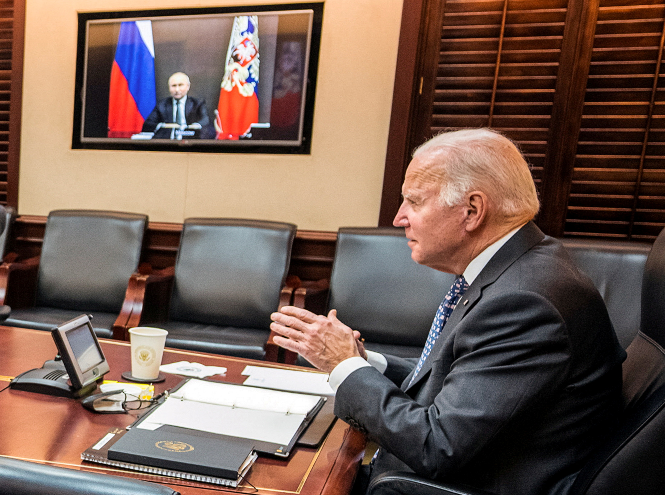 President Joe Biden holds virtual talks with Russia's President Vladimir Putin amid Western fears that Moscow plans to attack Ukraine, during a secure video call from the Situation Room at the White House in December.