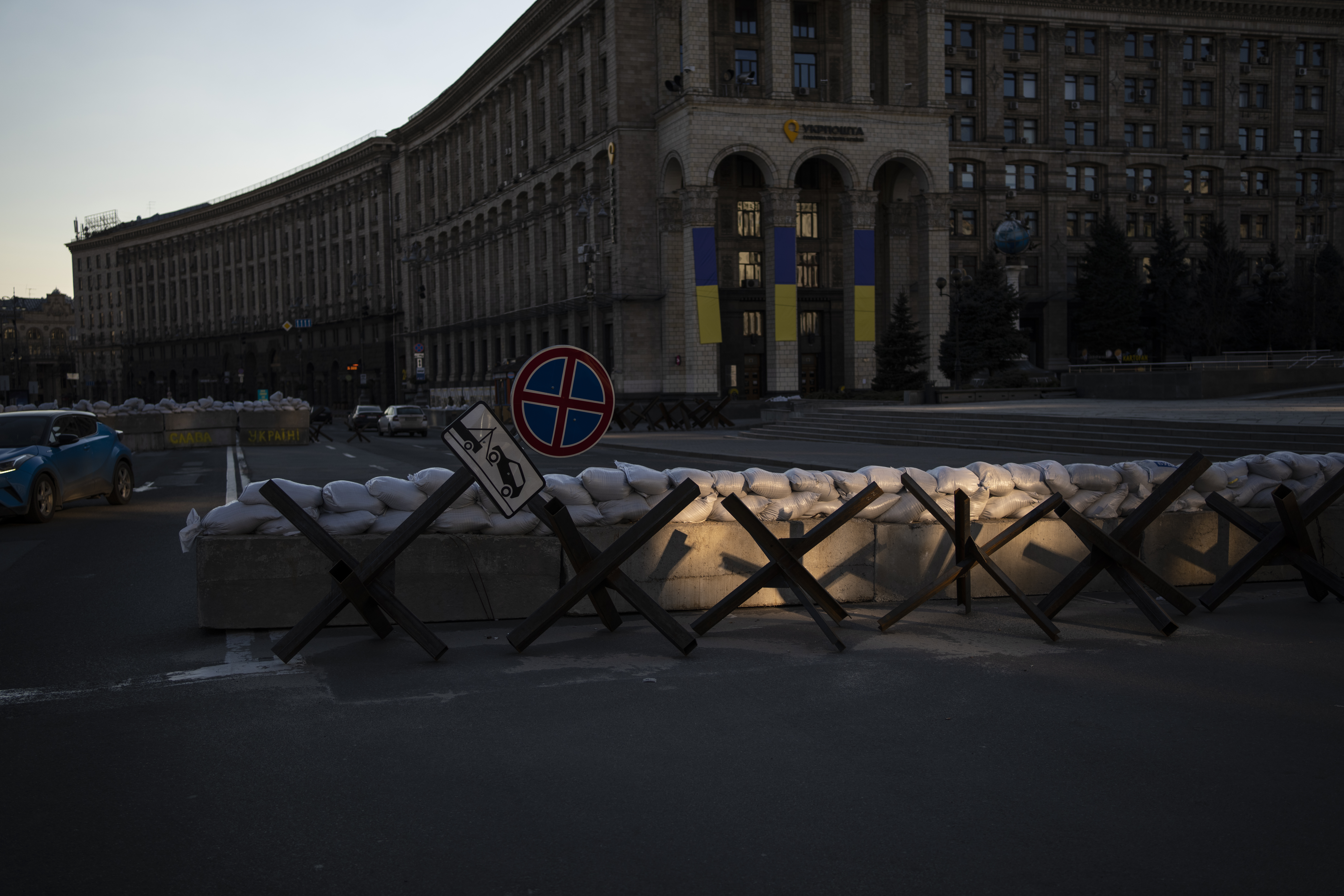 Anti-tank barriers are set up at a check point in Maidan Square, in Kyiv