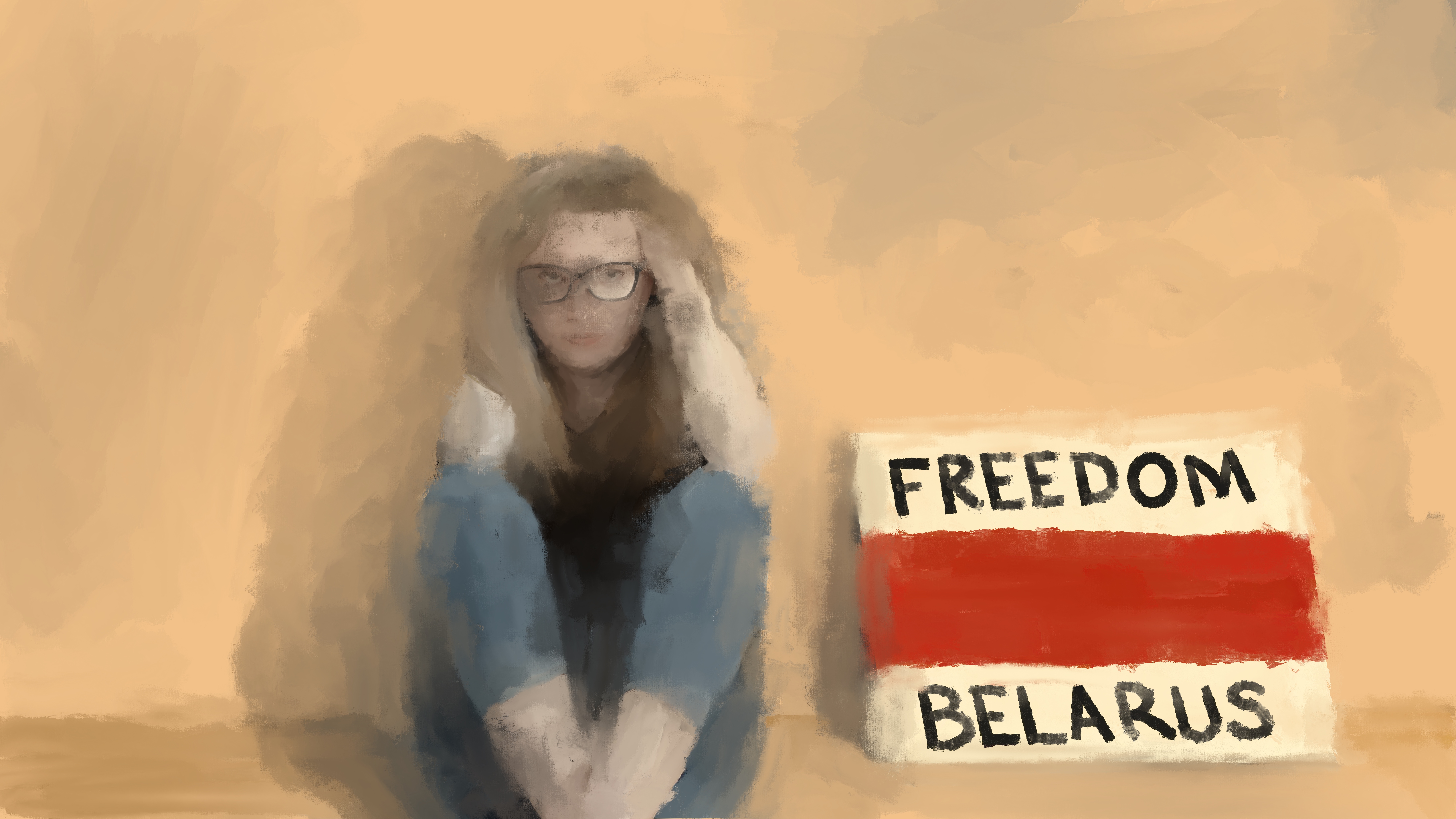 An illustration of a girl with glasses wearing jeans holding sitting and holding her head with a sign next to her saying, "Freedom Belarus"
