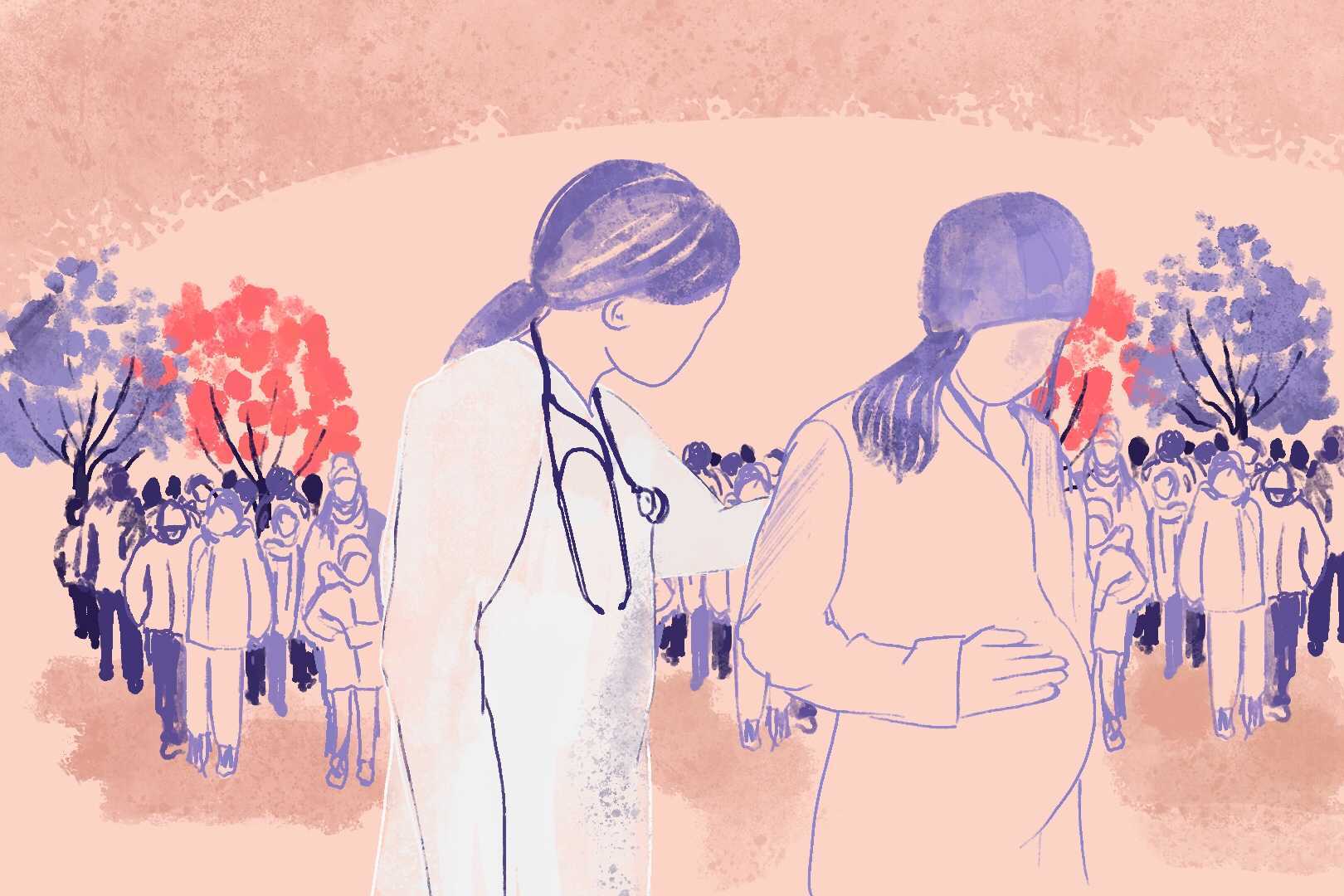 Drawing of a doctor with refugees