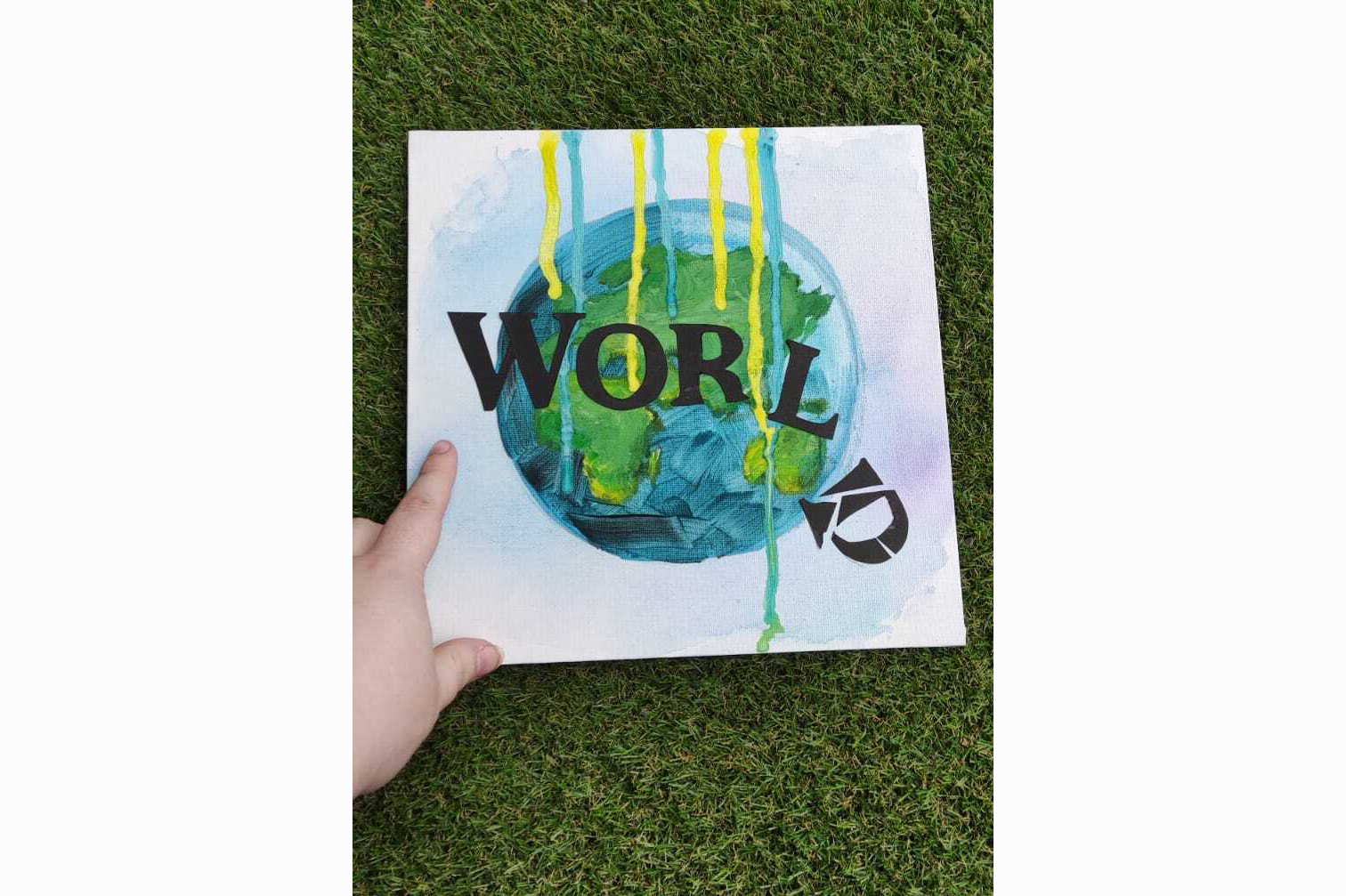 A photo of a sign that says the word "world" with a leaning L and D on an illustration of planet earth.