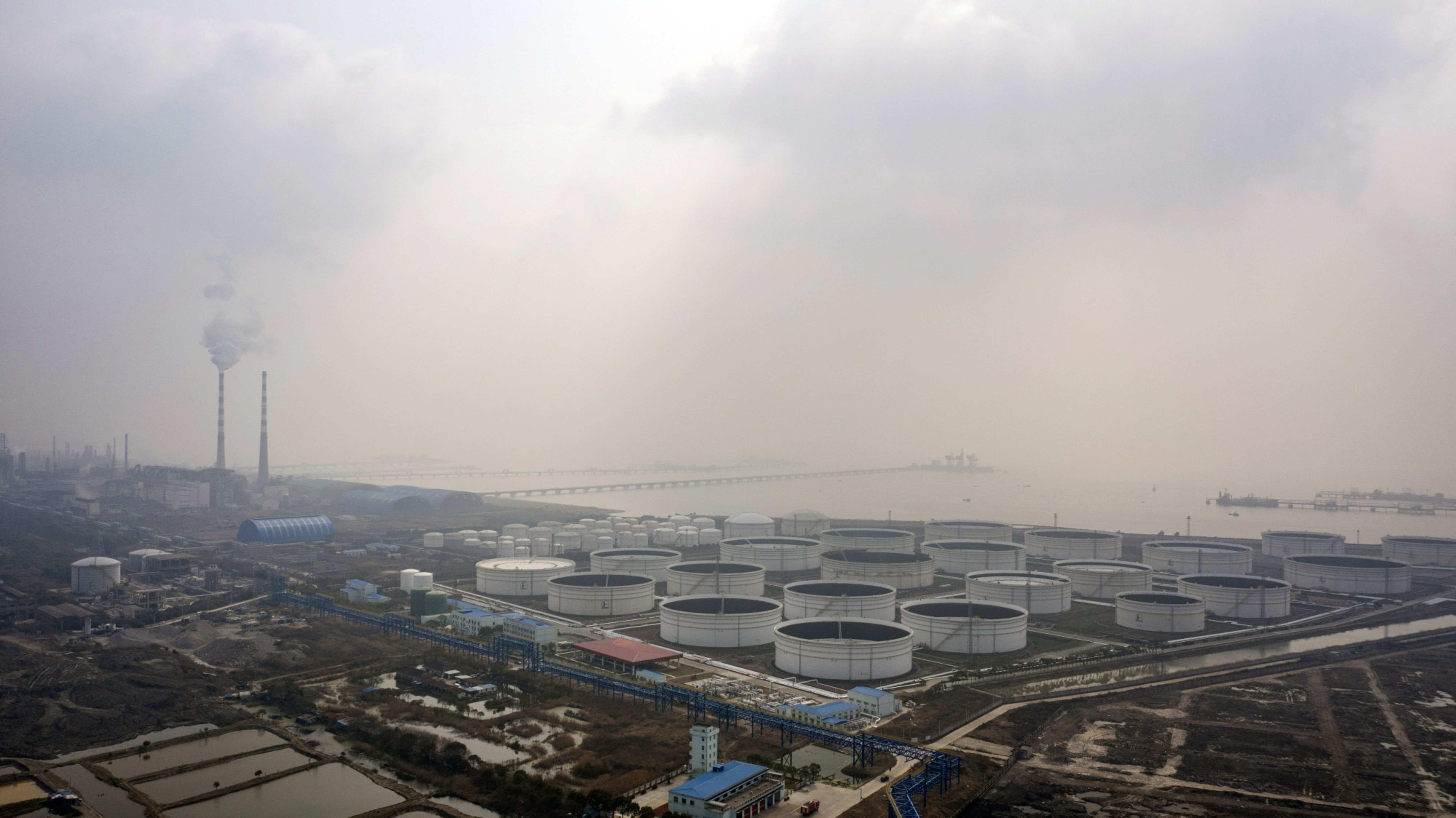 An oil and petrochemical storage facility on the outskirts of Shanghai, China