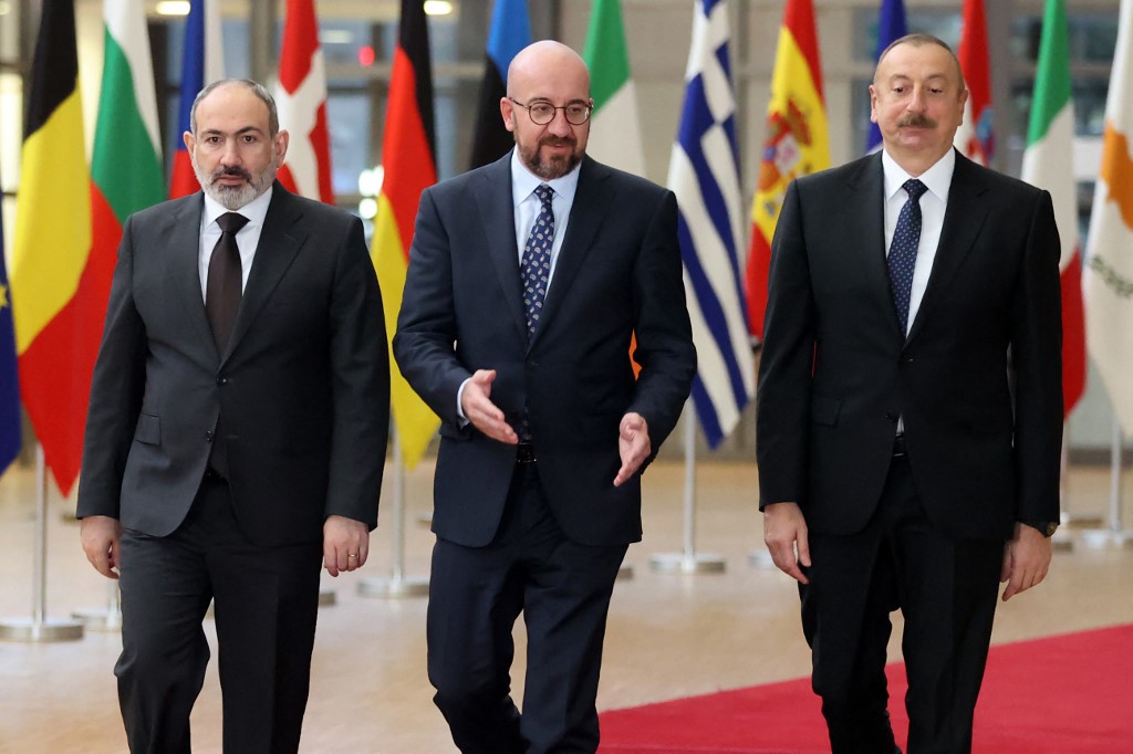 Armenian Prime Minister Nikol Pashinyan, President of the European Council Charles Michel, and Azerbaijan's President Ilham Aliyev