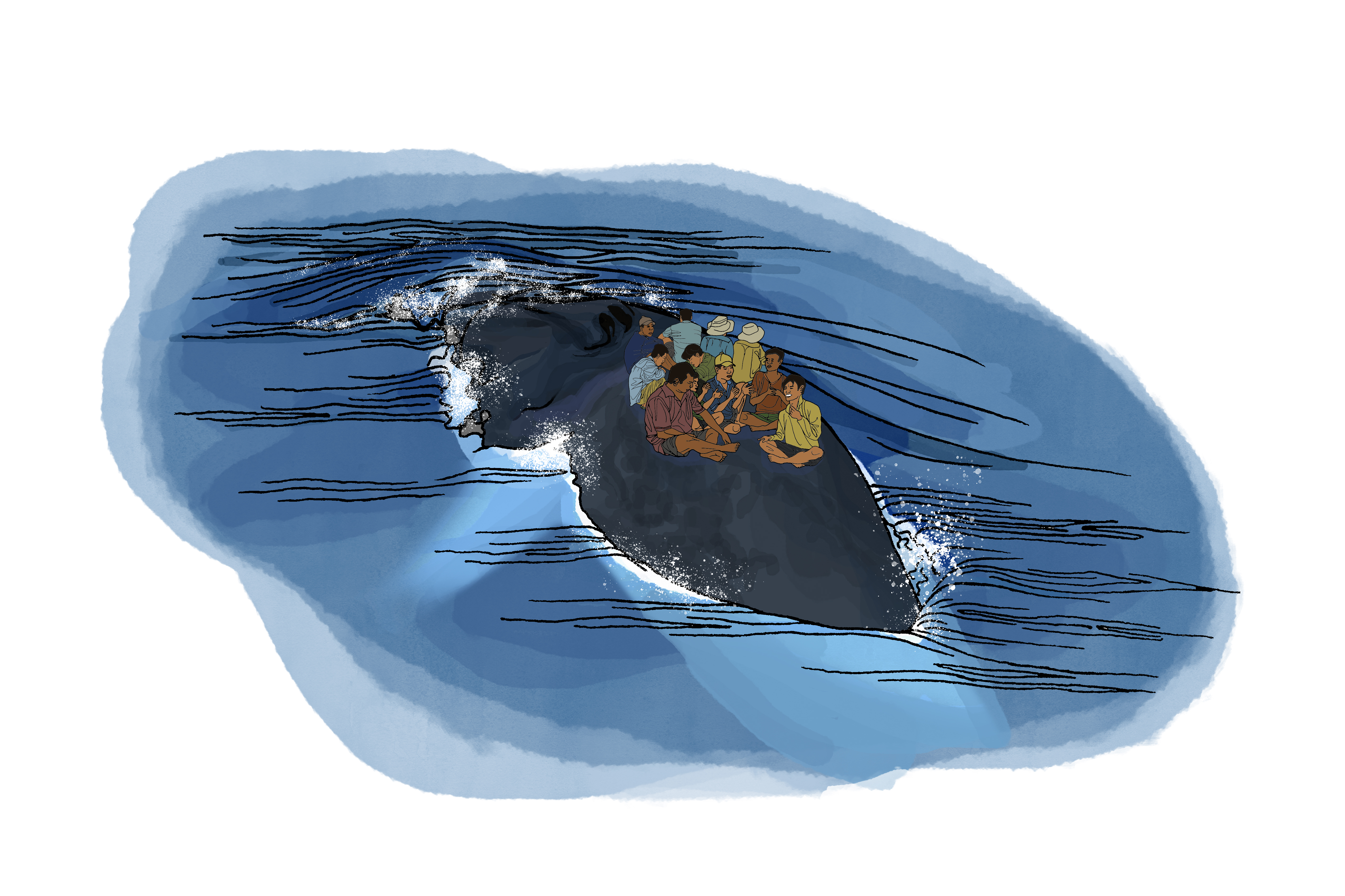 An illustration of a group of people sitting on top of a whale like a boat,