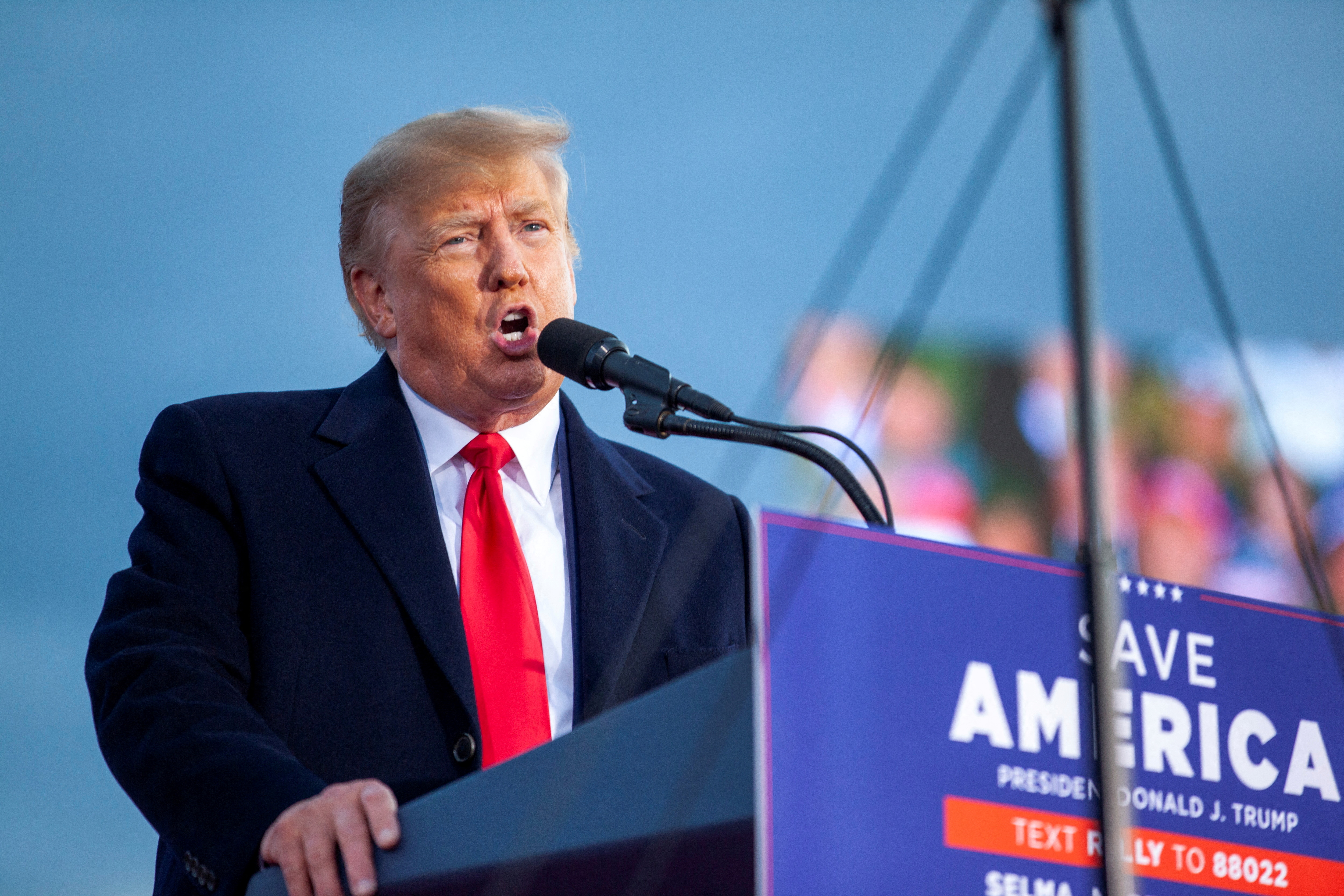 Former US President Donald Trump speaks during his rally in Selma, North Carolina.