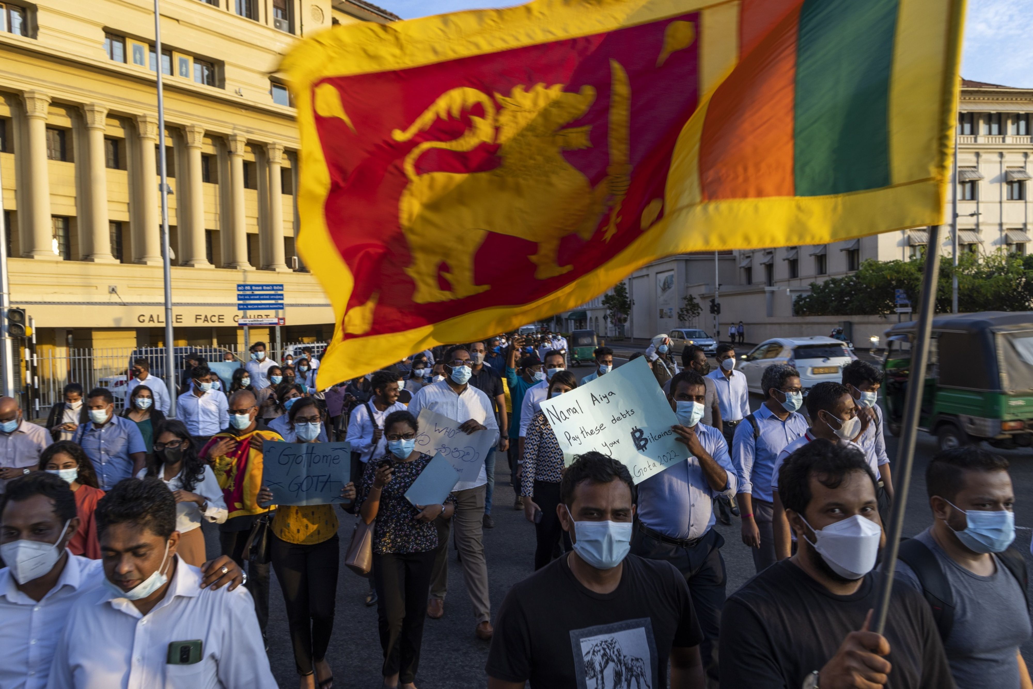 Demonstrators in Colombo, Sri Lanka, holding the flag