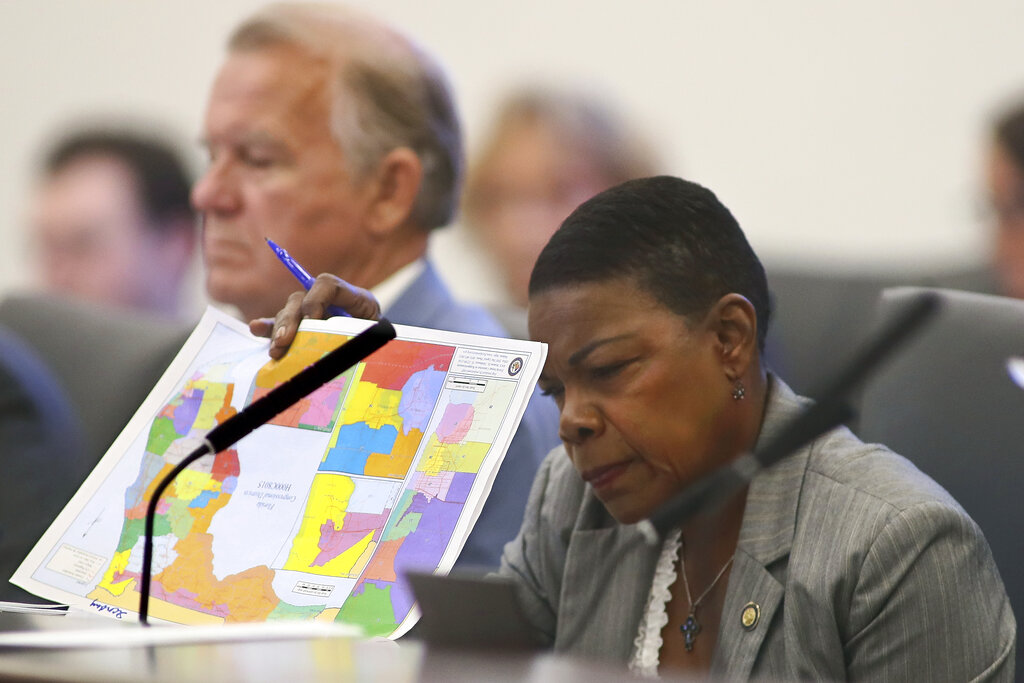 Florida State Senator Audrey Gibson, a Democrat, reviews proposed district maps during a Committee on Reapportionment meeting at the Capitol in Tallahassee, Florida. 