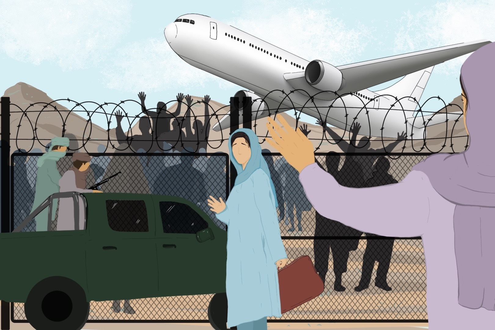 Drawing of a woman leaving Kabul