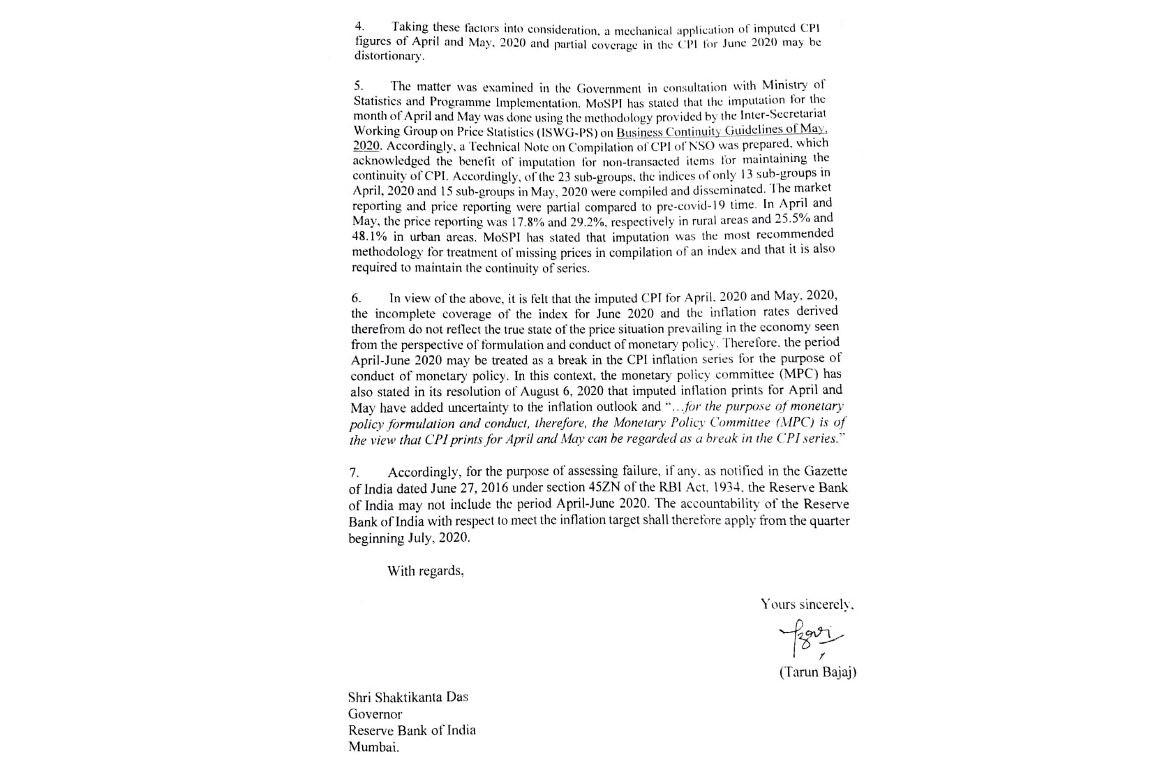 Extract from a letter written by India's then economic affairs secretary Tarun Bajaj to RBI governor Shaktikanta Das on September 23, 2020 