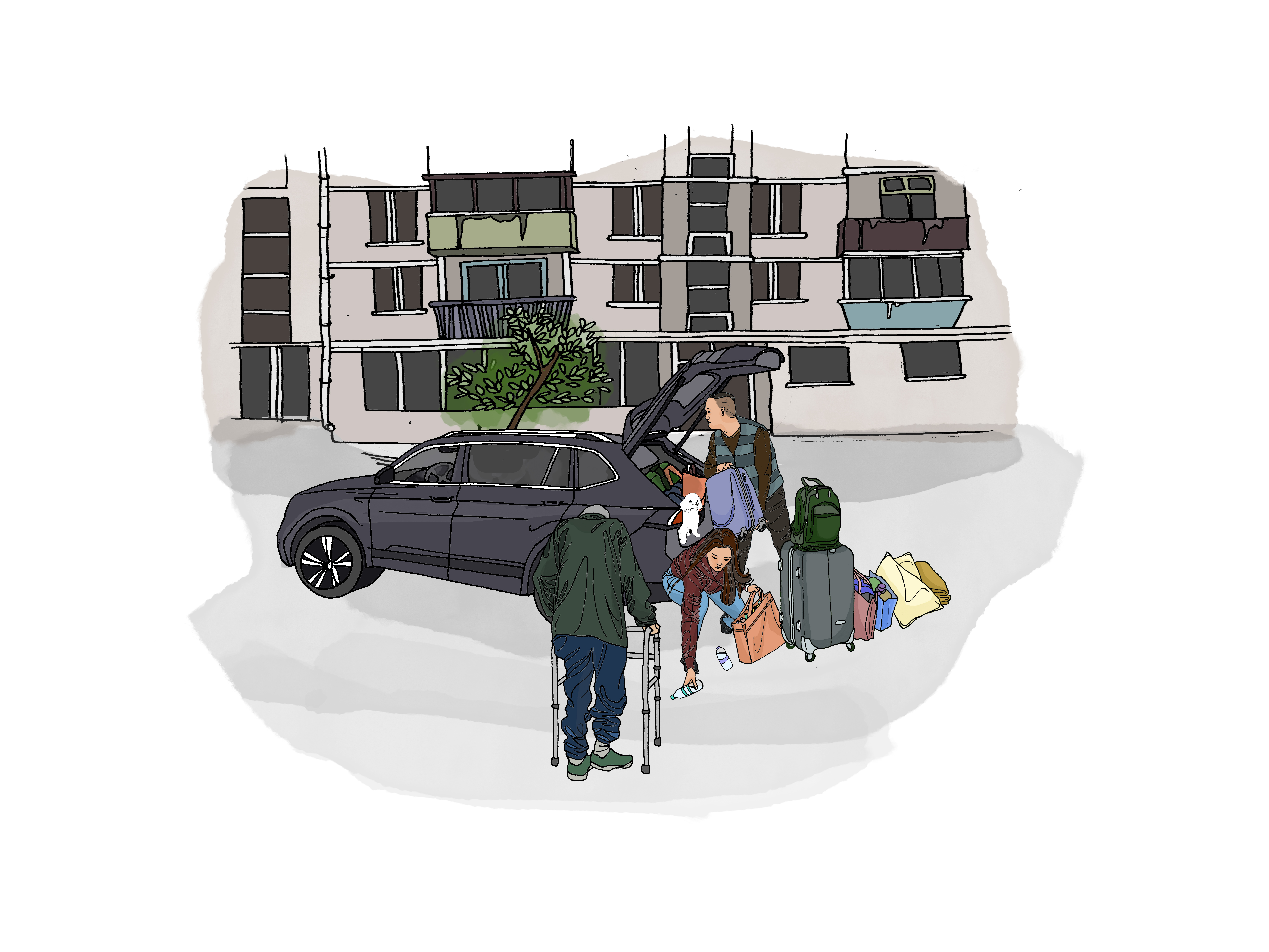 Drawing of a family packing up a car to leave Ukraine
