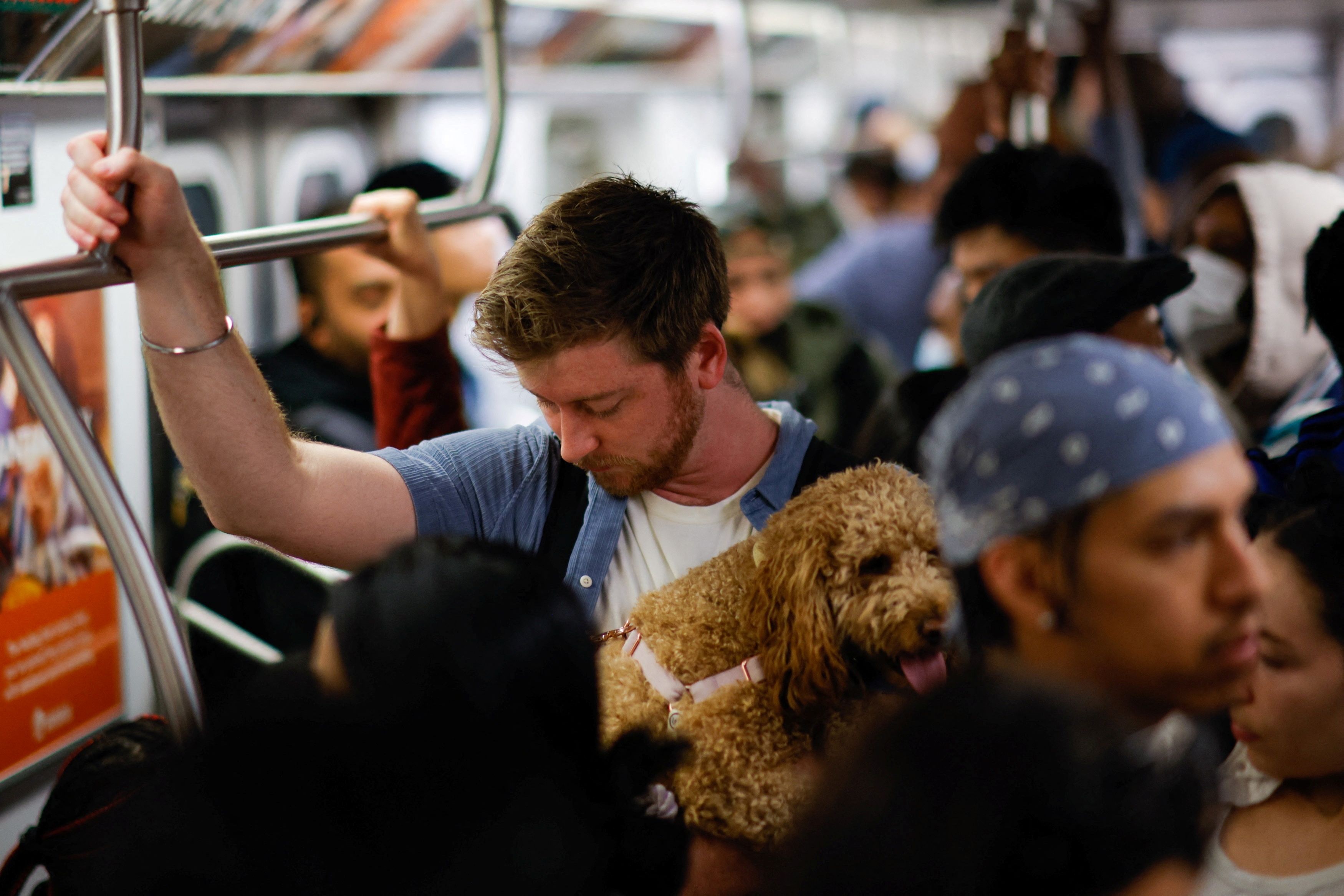 People ride the subway train without face covering in New York City, U.S.