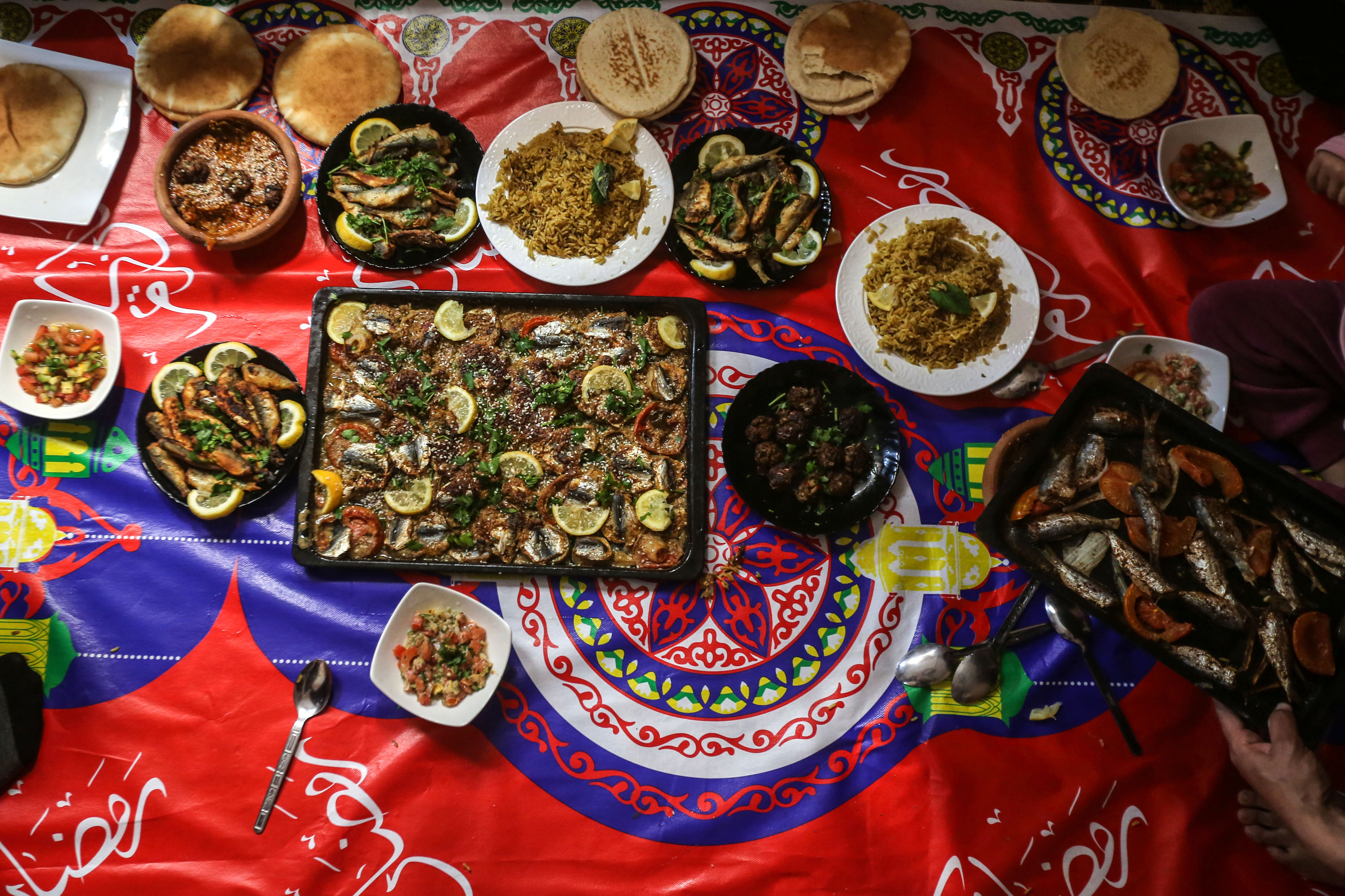 An overhead view of the fish feast