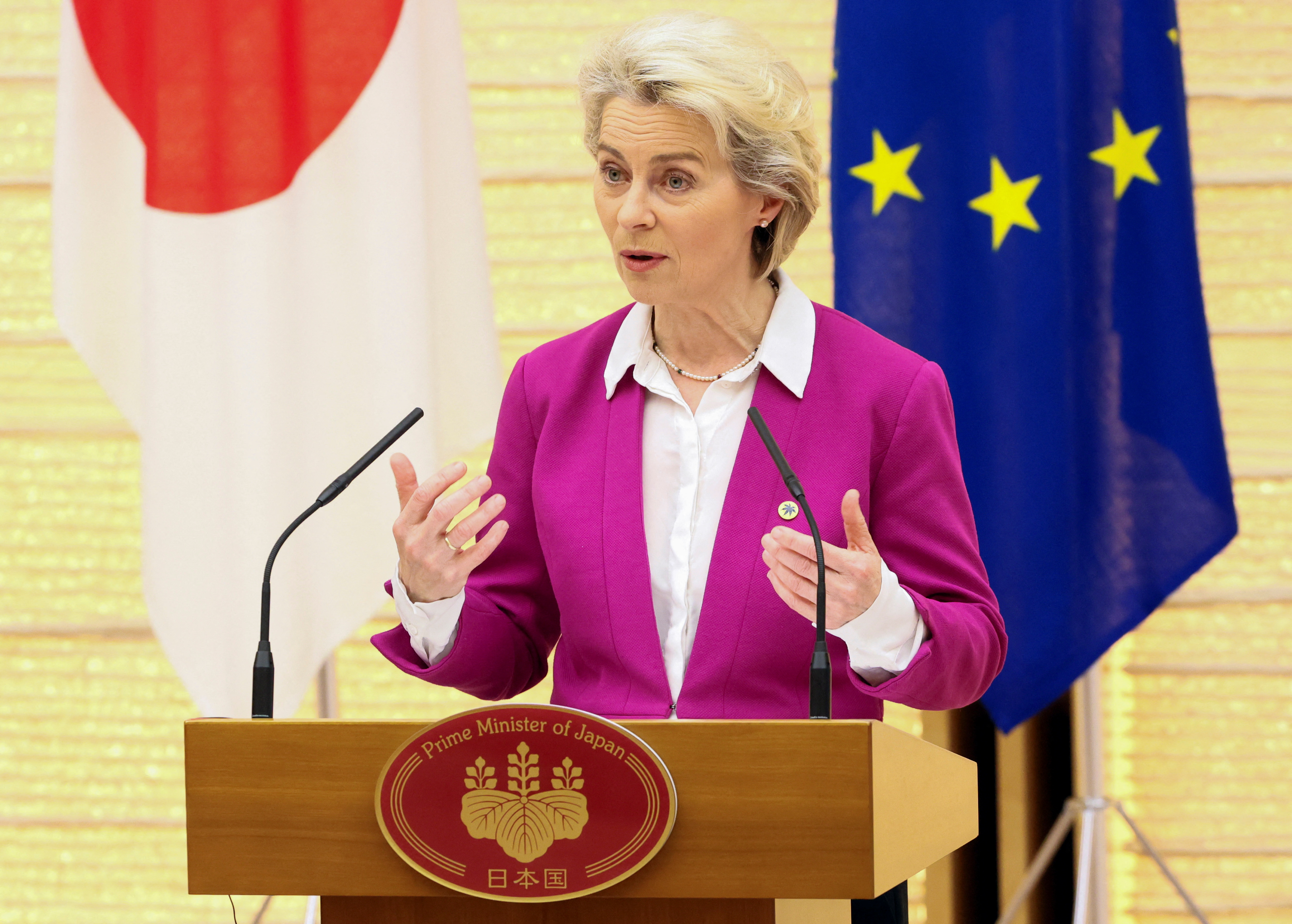 European Commission President Ursula von der Leyen announces a joint statement in Tokyo, Japan.