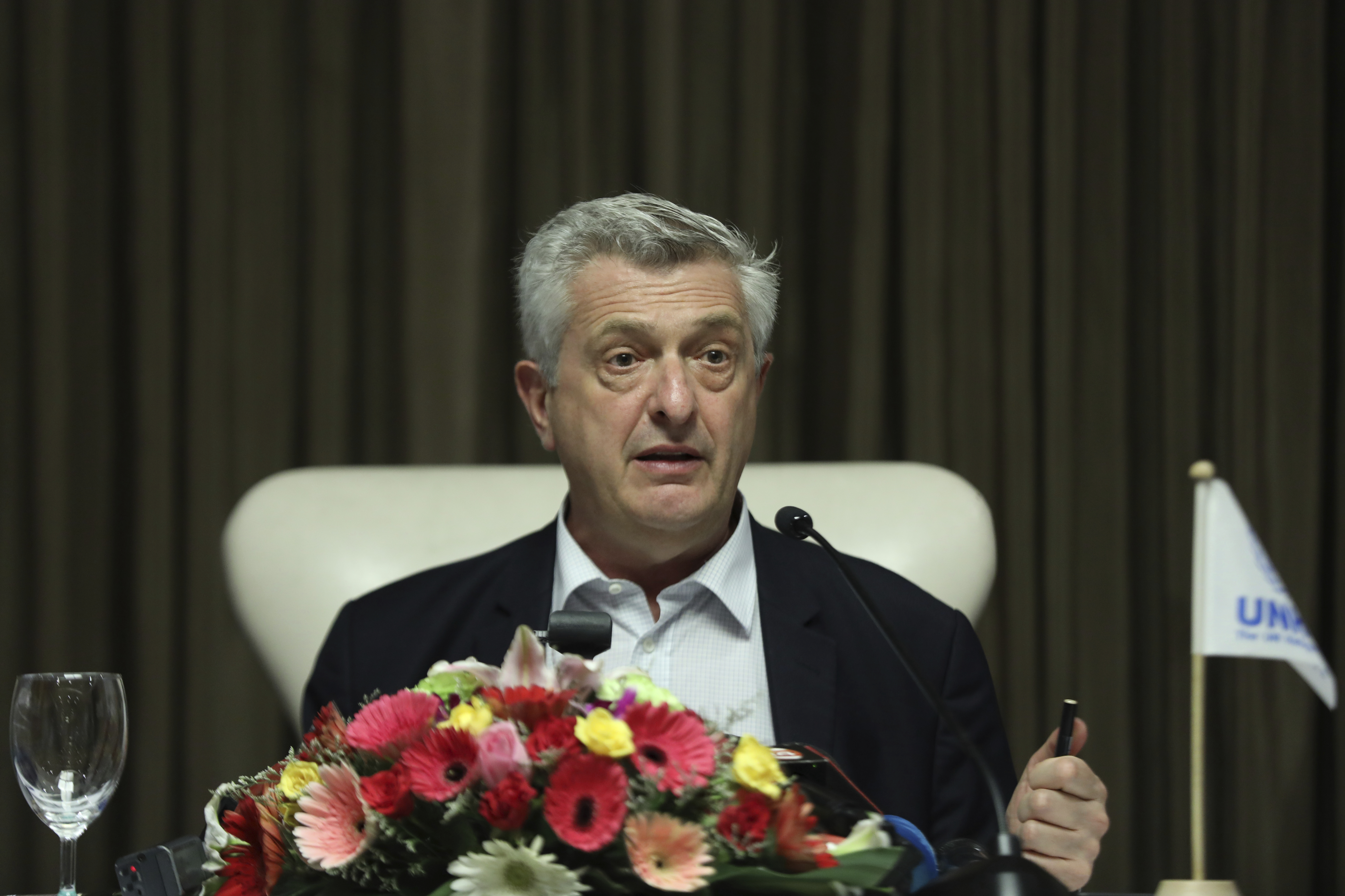 UNHCR's Filippo Grandi speaks during a news conference in Dhaka, Bangladesh on Wednesday, May 25, 2022 [Mahmud Hossain Opu/AP]
