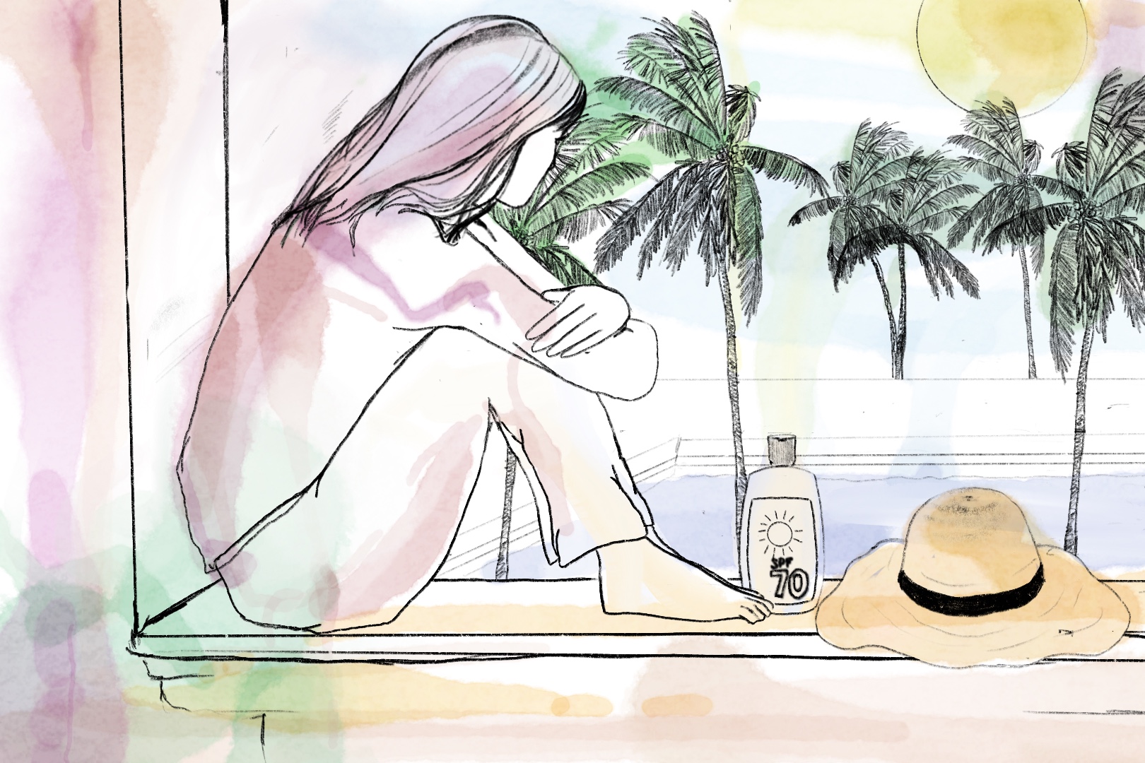 illustration of a woman looking out a window onto a pool and palms
