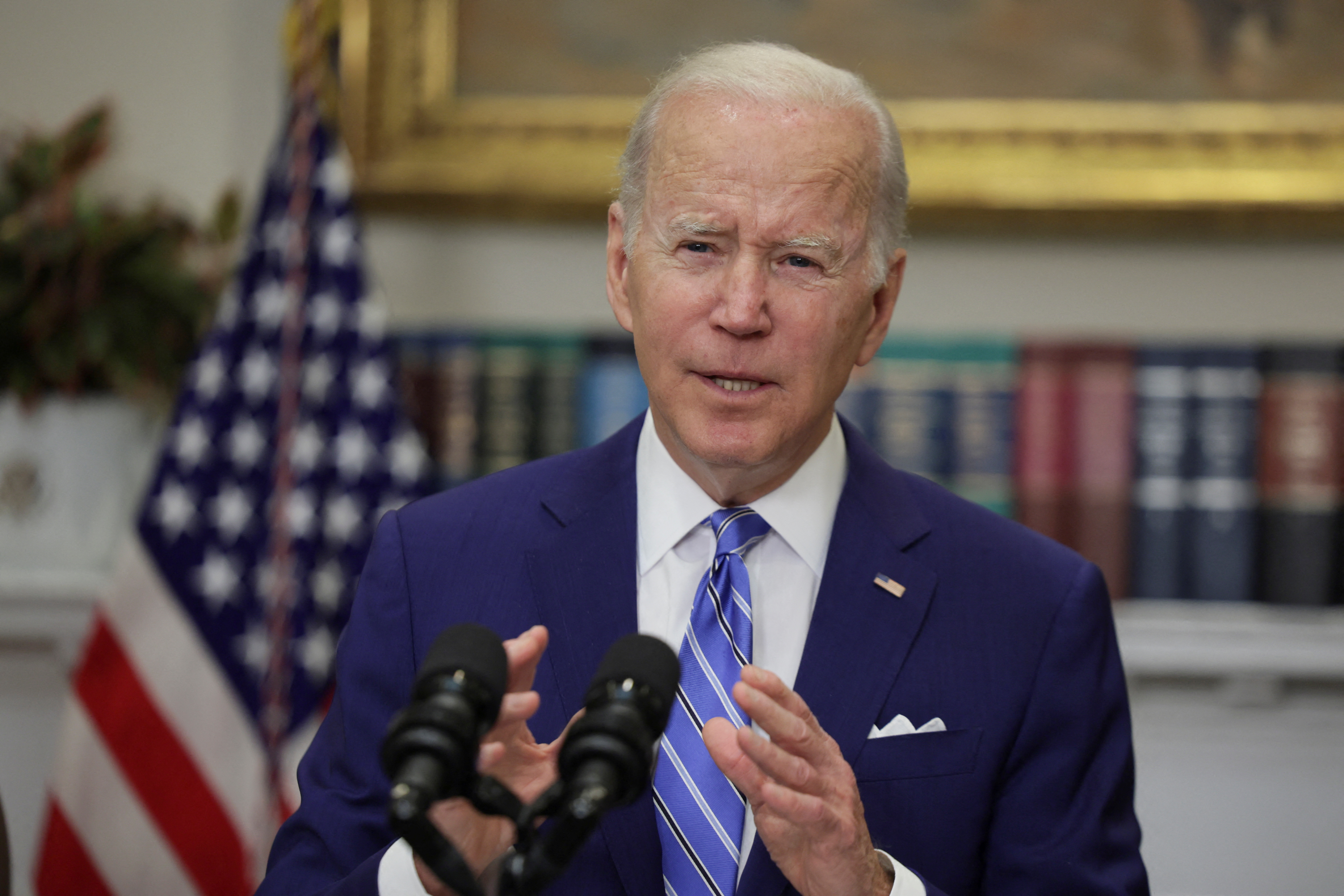 U.S. President Joe Biden delivers remarks on economic growth, jobs, and deficit reduction in the Roosevelt Room at the White House in Washington, U.S.