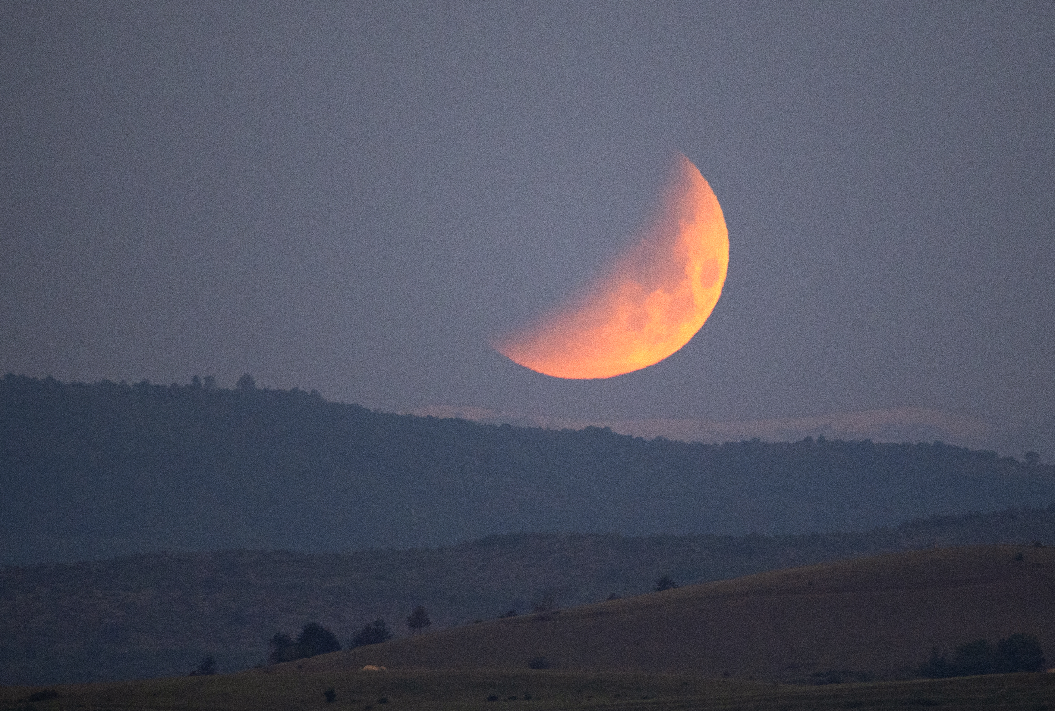 The Super Flower Blood Moon seen in the sky during the lunar eclipse over Skopje, Republic of North Macedonia
