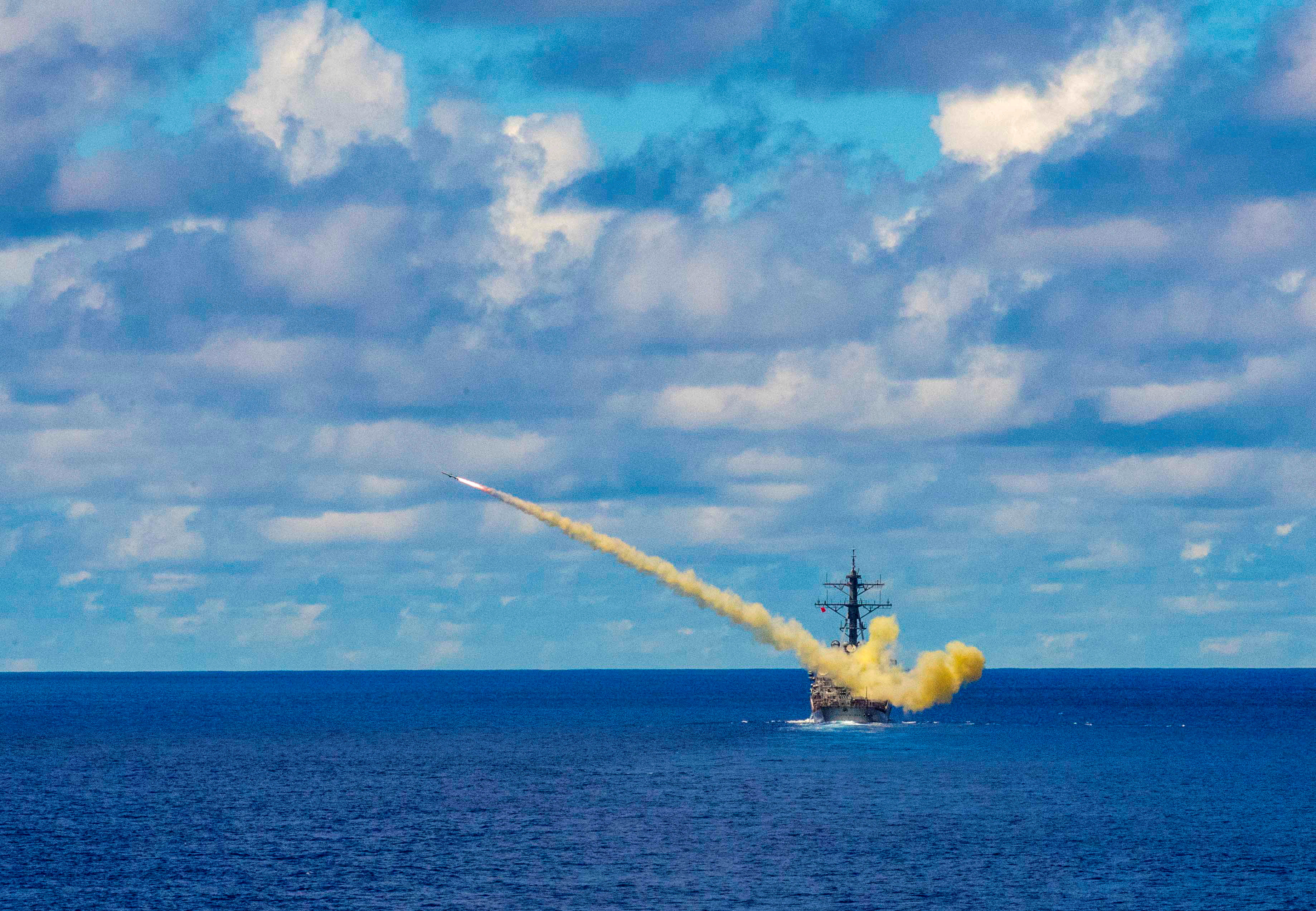 The USS Curtis Wilbur launches a Harpoon surface-to-surface missile.