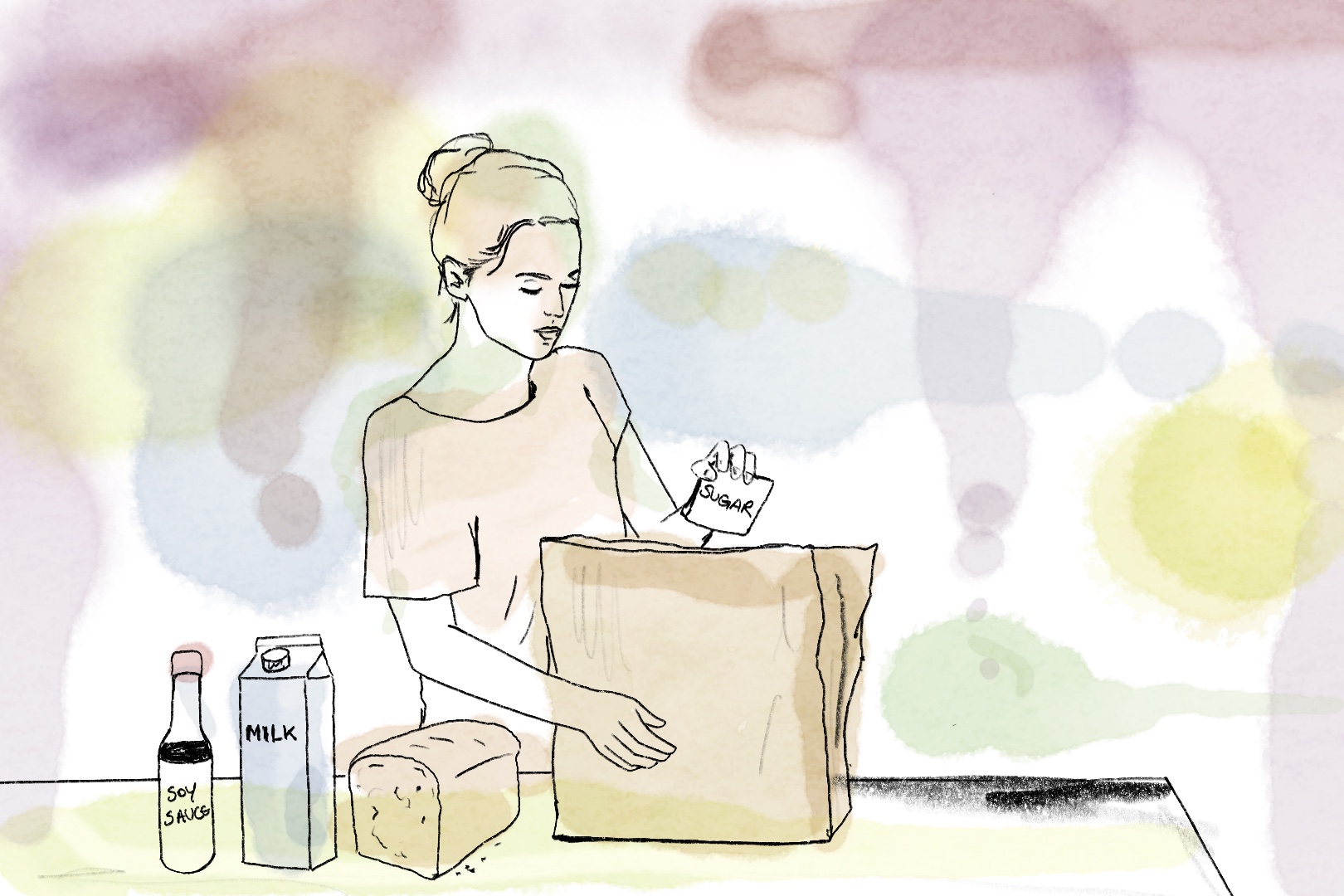 illustration of a woman with groceries