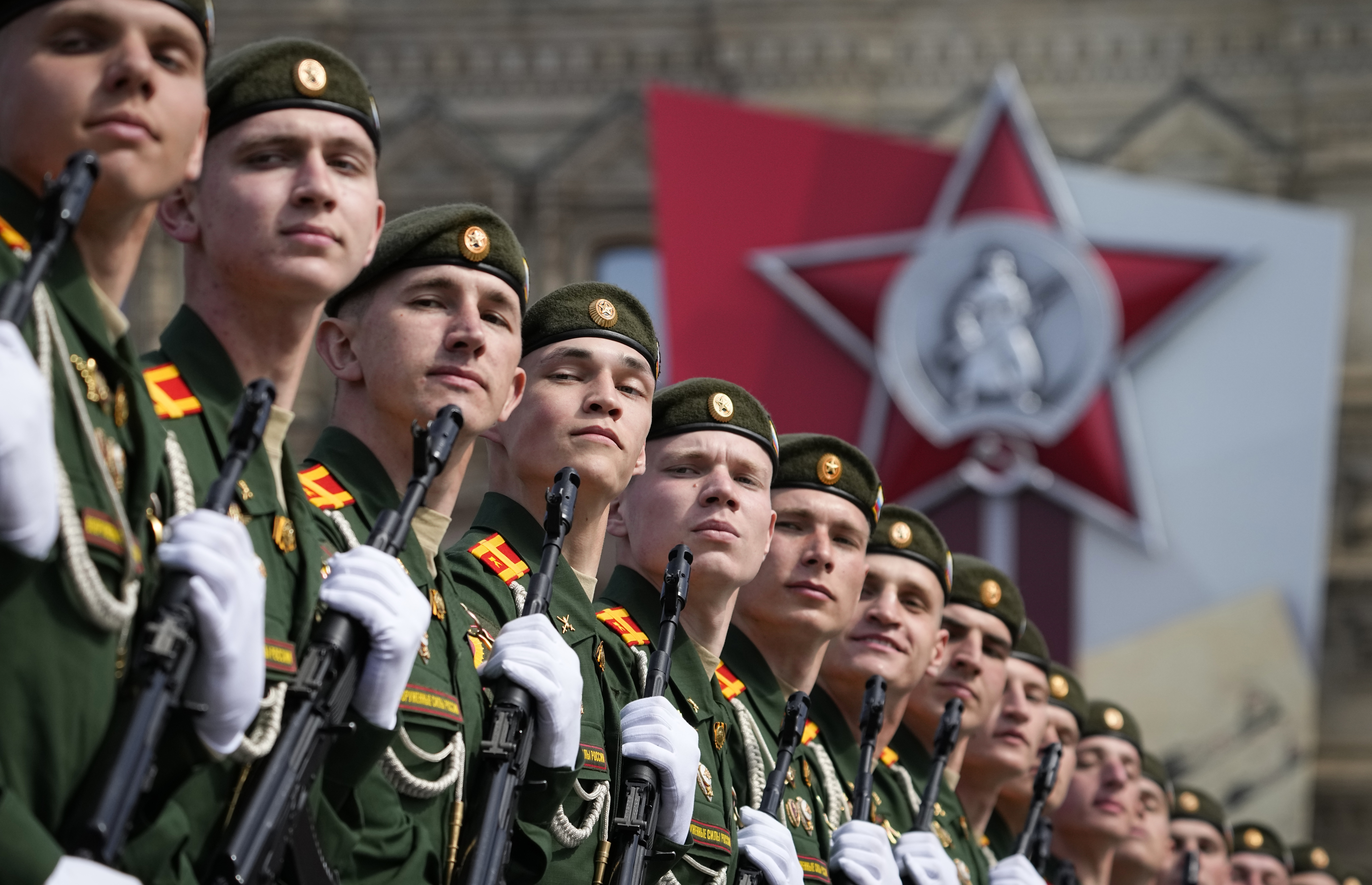 Russian soldiers march during a dress rehearsal for the Victory Day military parade in Moscow on Saturday, May 7, 2022 [Alexander Zemlianichenko/AP]