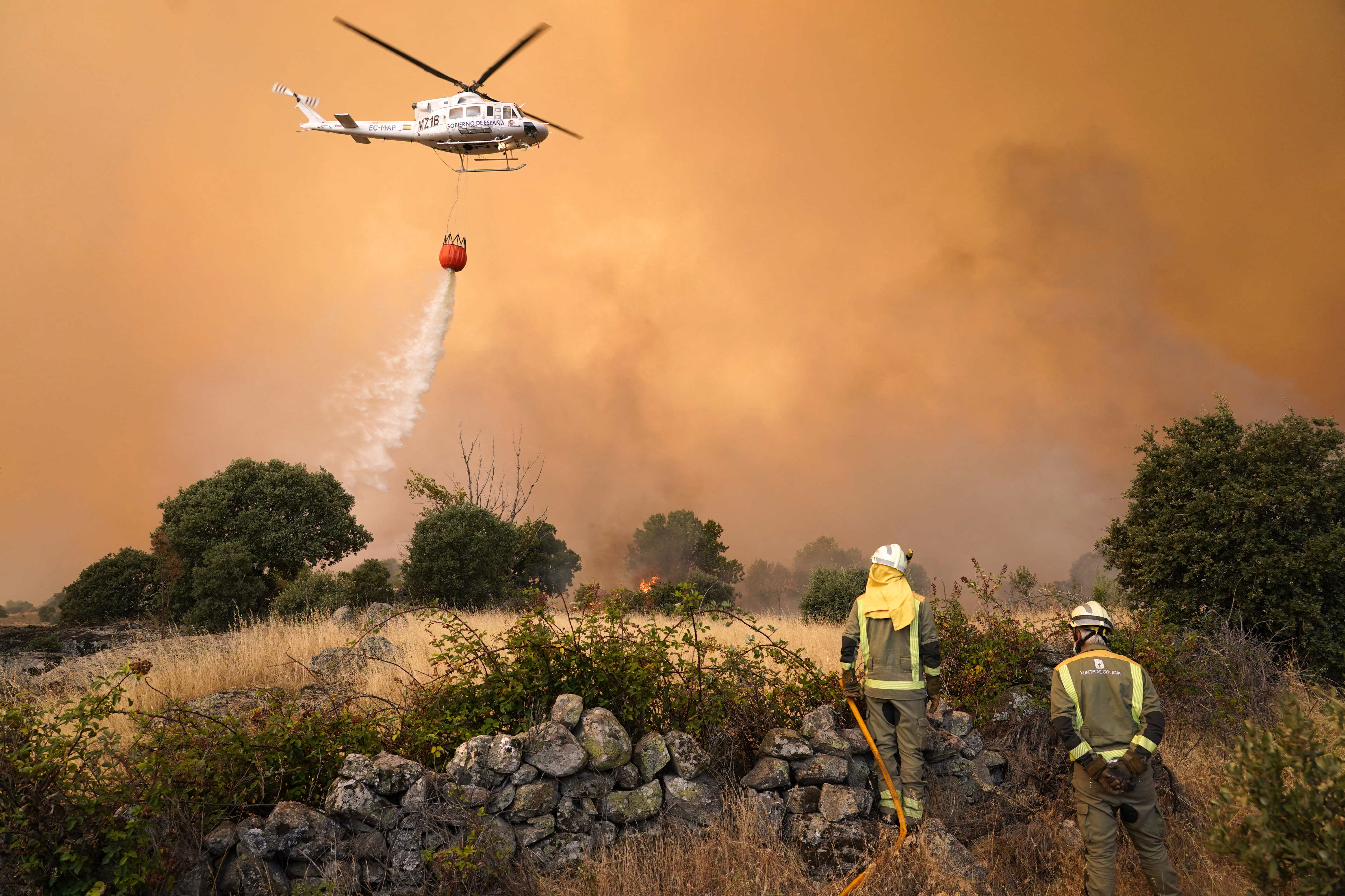 Plane hovers above a forest fire and pours water on it