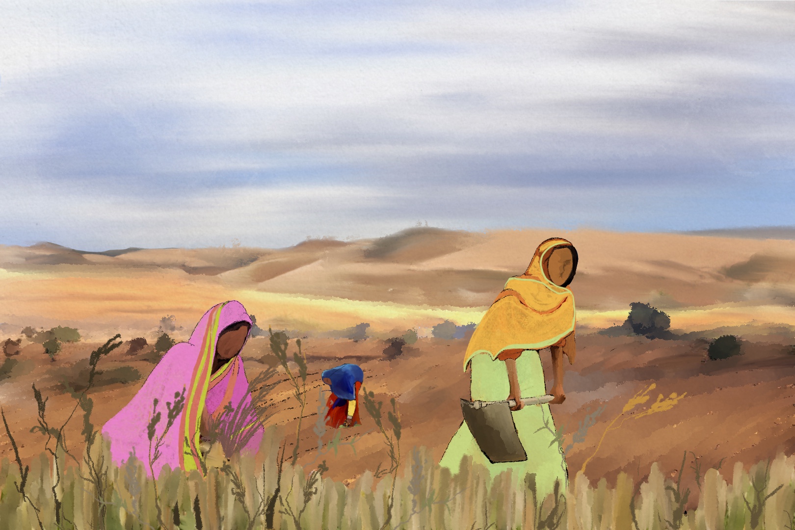 An illustration of two women walking through the desert. one holding a hoe, the other looking at the shrubbery,