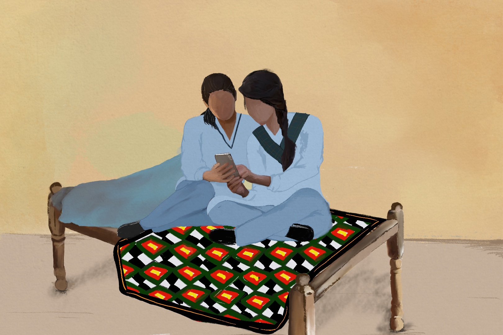 An illustration of two people sitting on a bed frame looking at a phone with a blanket on one side and one under the two people.