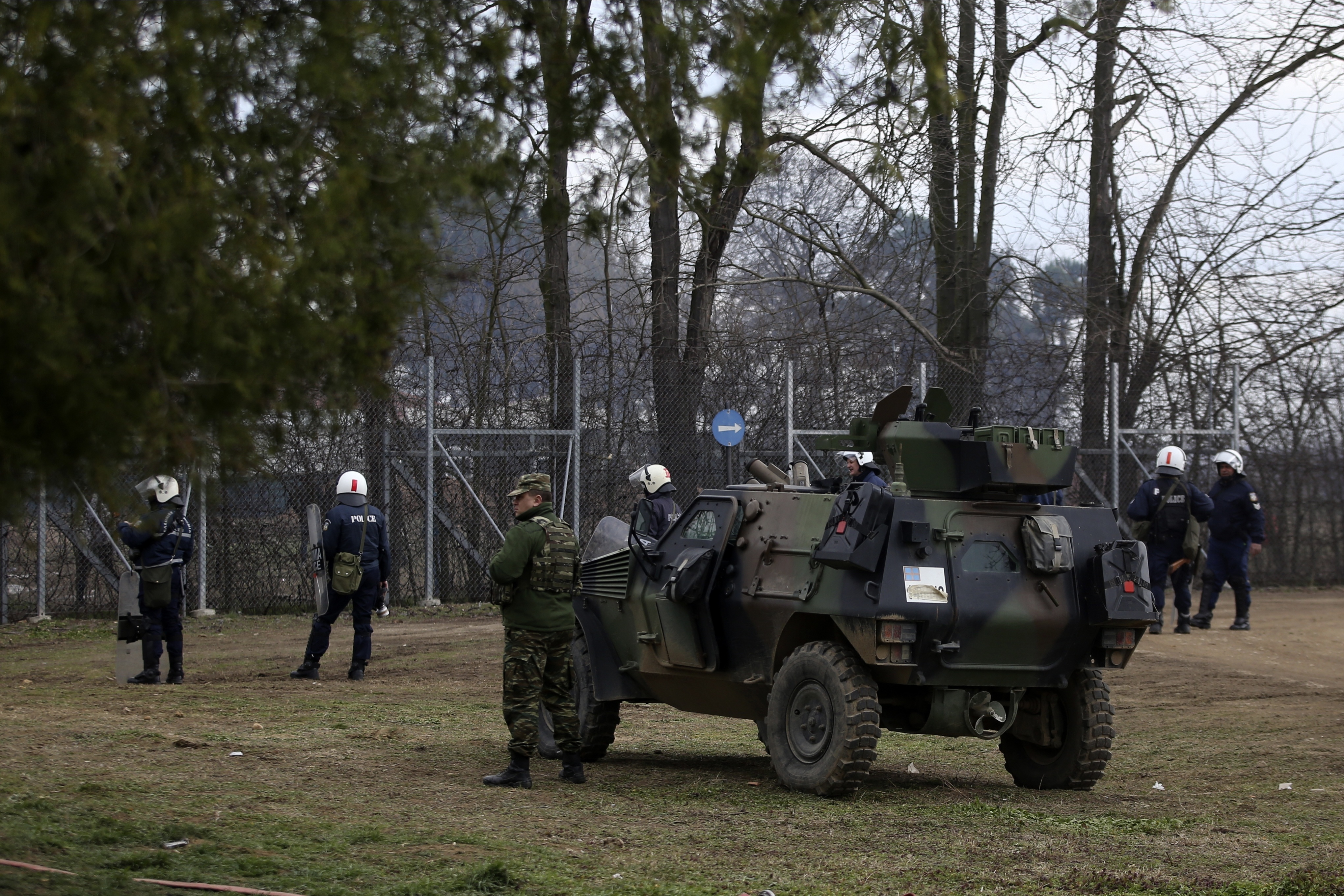 Greek Army and Police guard the border gate in Kastanies village