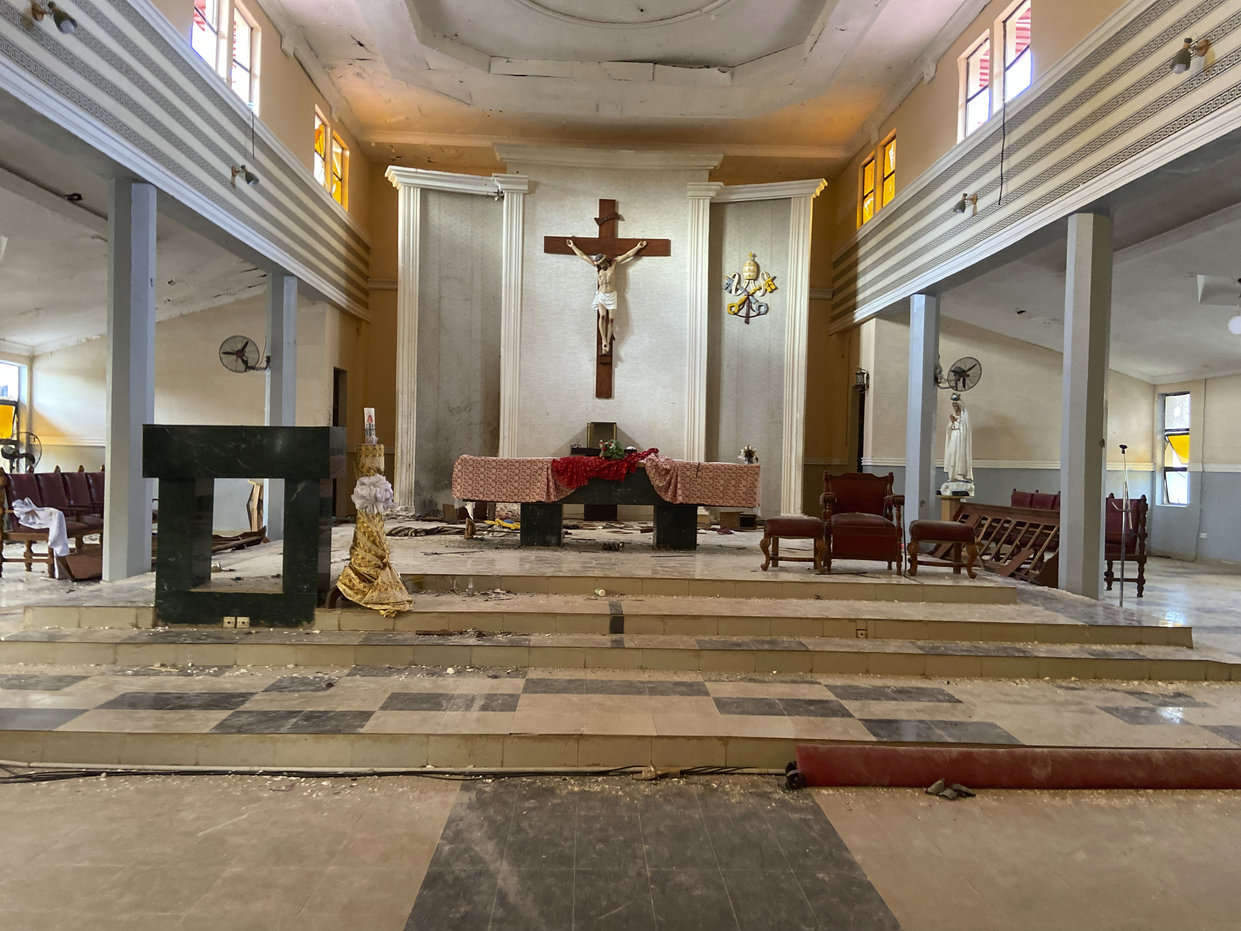 A view of the St. Francis Catholic Church in Owo Nigeria, Sunday, June 5, 2022. Lawmakers in southwestern Nigeria say more than 50 people are feared dead after gunmen opened fire and detonated explosives at a church. Ogunmolasuyi Oluwole with the Ondo State House of Assembly said the gunmen targeted the St Francis Catholic Church in Ondo state on Sunday morning just as the worshippers gathered for the weekly Mass. (AP Photo/Rahaman A Yusuf)