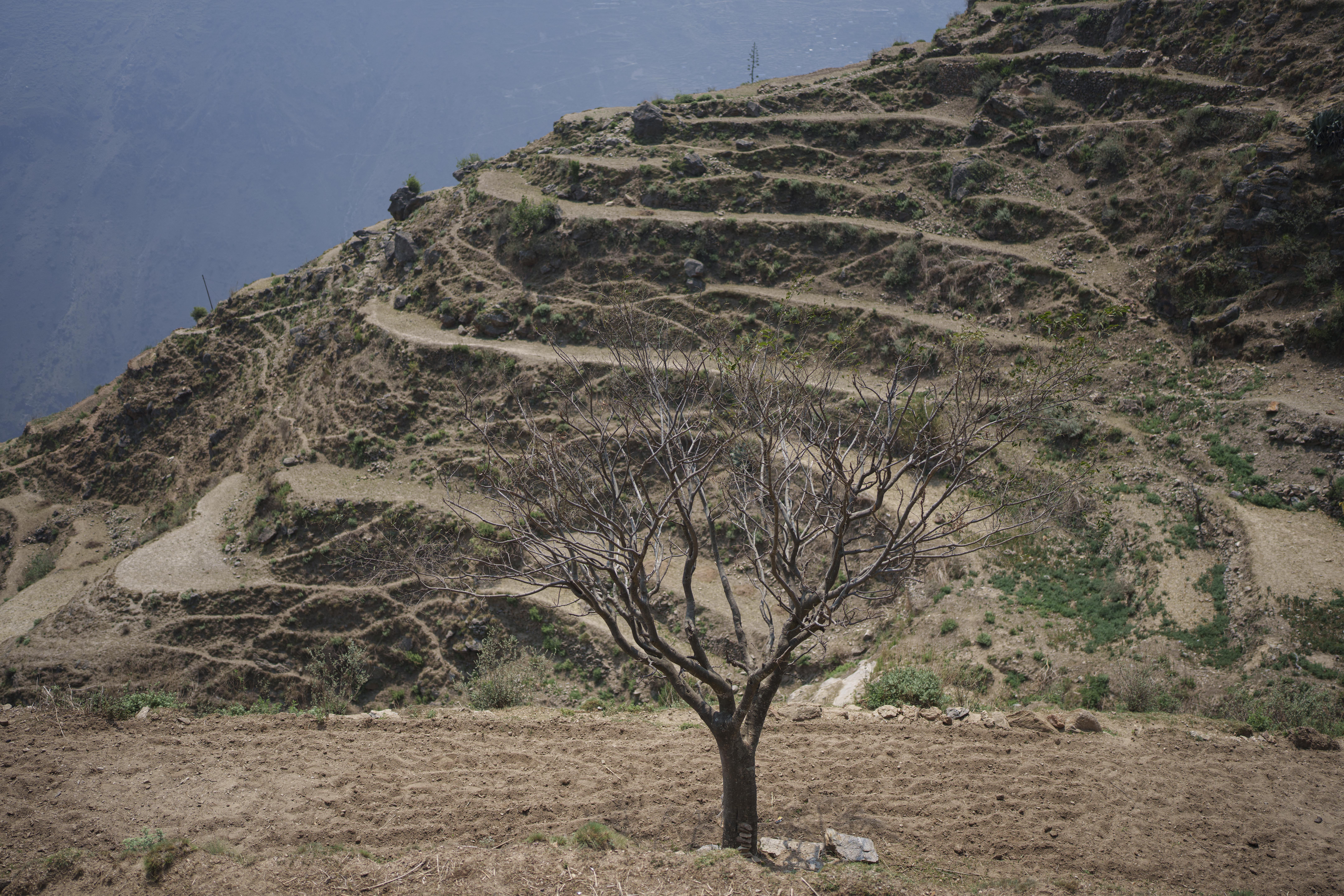 Dry empty farm land is seen in Muktikot,