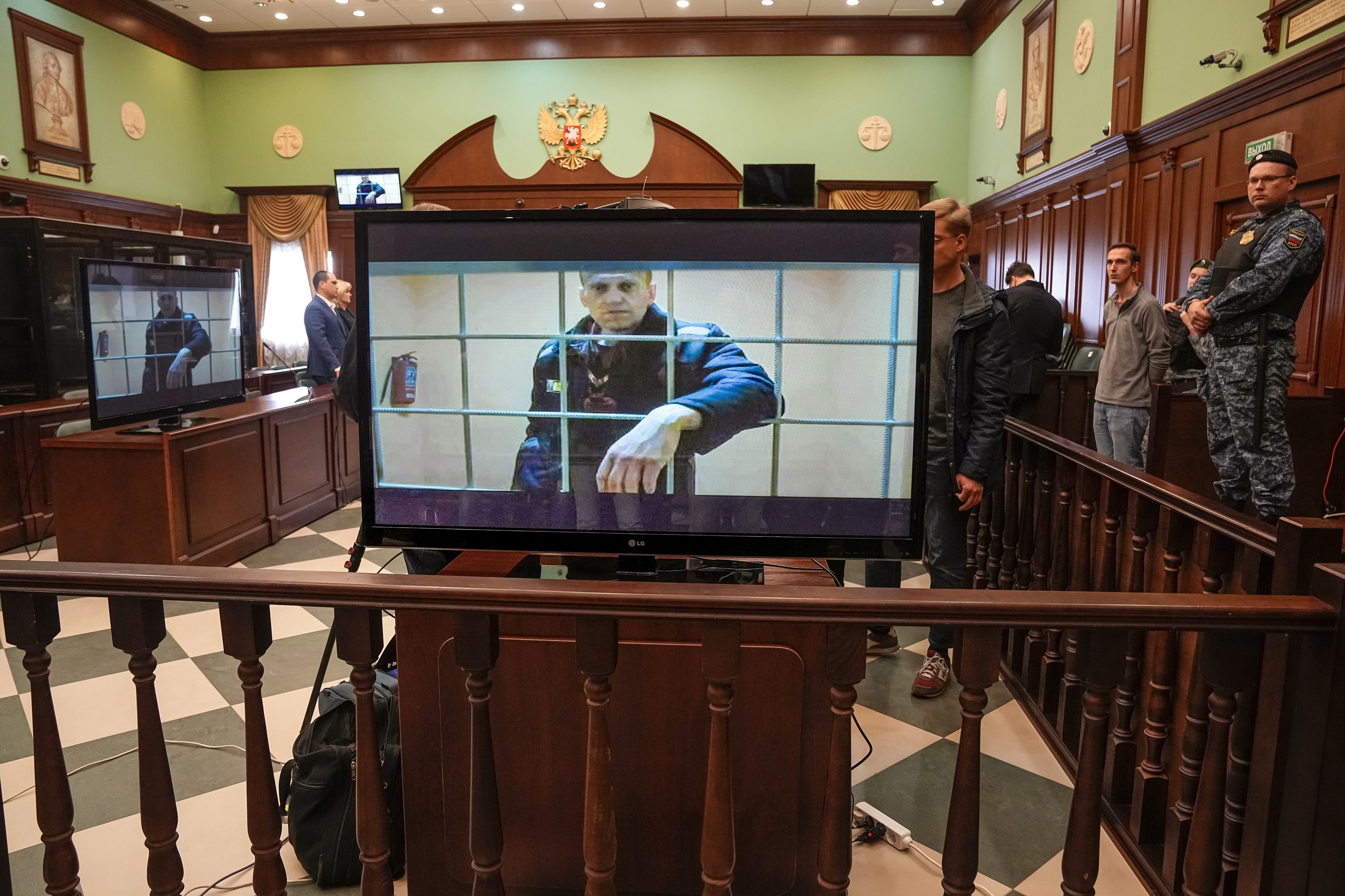 Alexey Navalny appears on a video link from prison at the Moscow City Court, Russia.