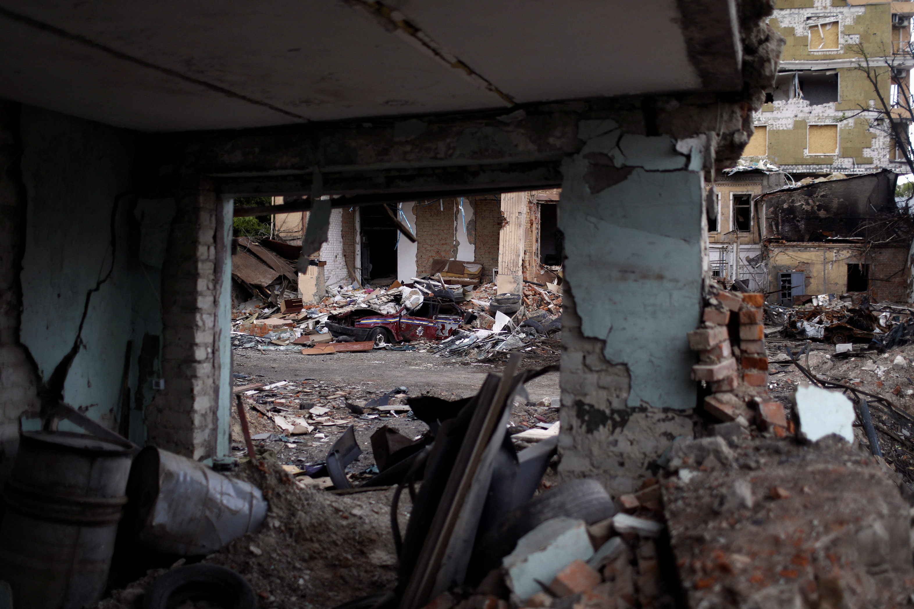 Residential area destroyed by a Russian bombing in Kharkiv, Ukraine, May 15, 2022
