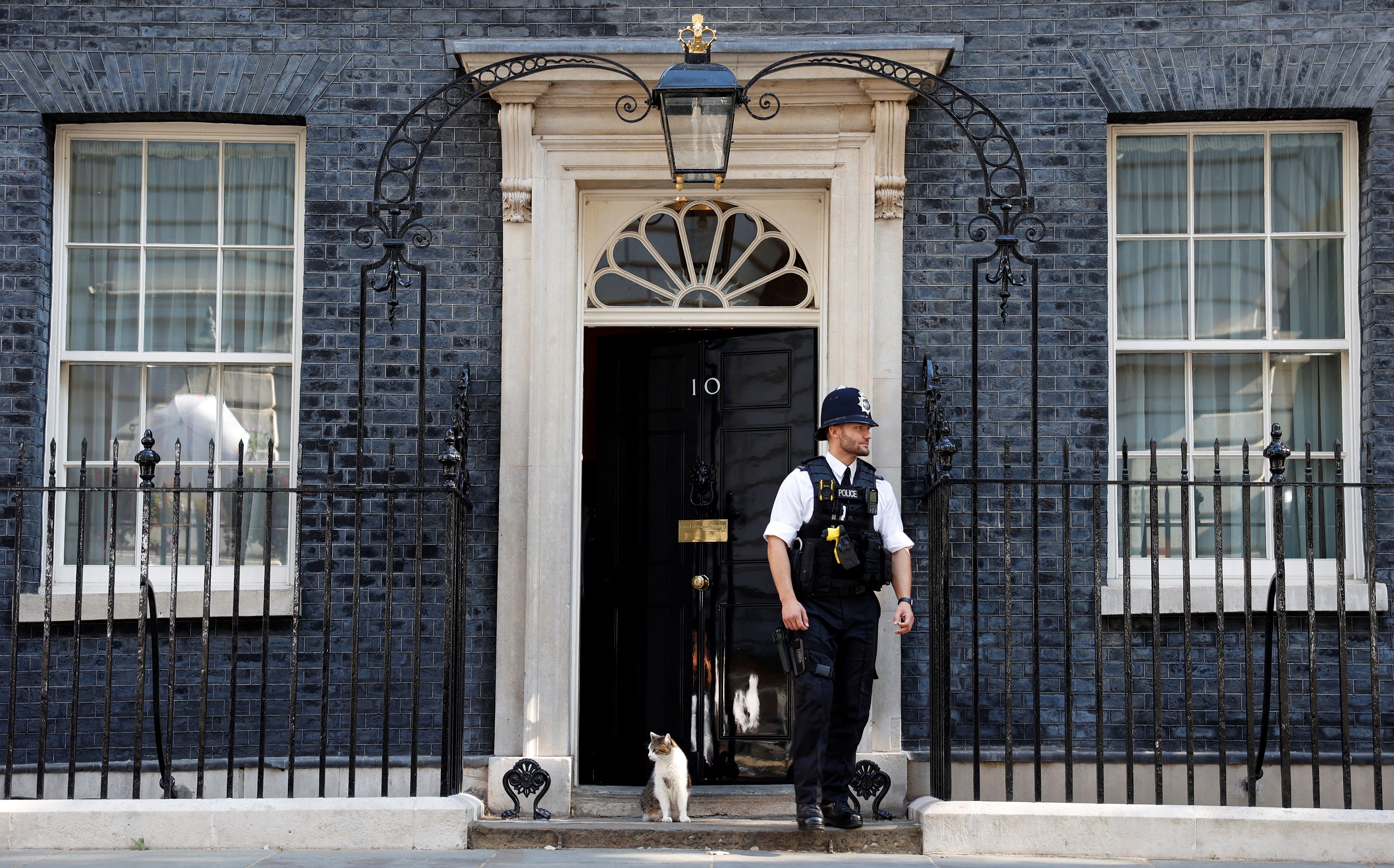 Larry, the Downing Street cat, sits on the step next to a police officer outside 10 Downing Street in London, UK.