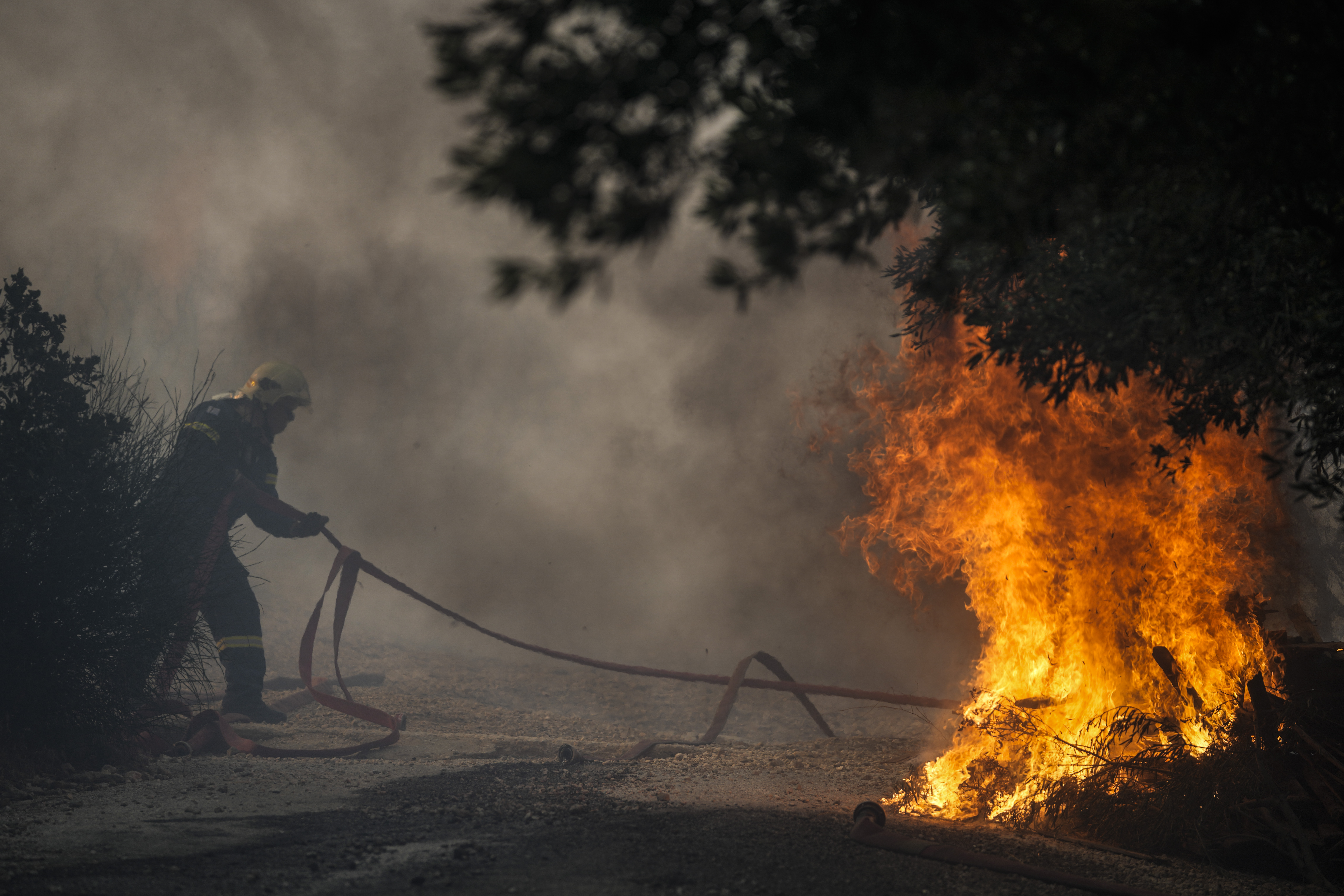 A firefighter pulls a hose as the fire burns near a house at Mount Penteli