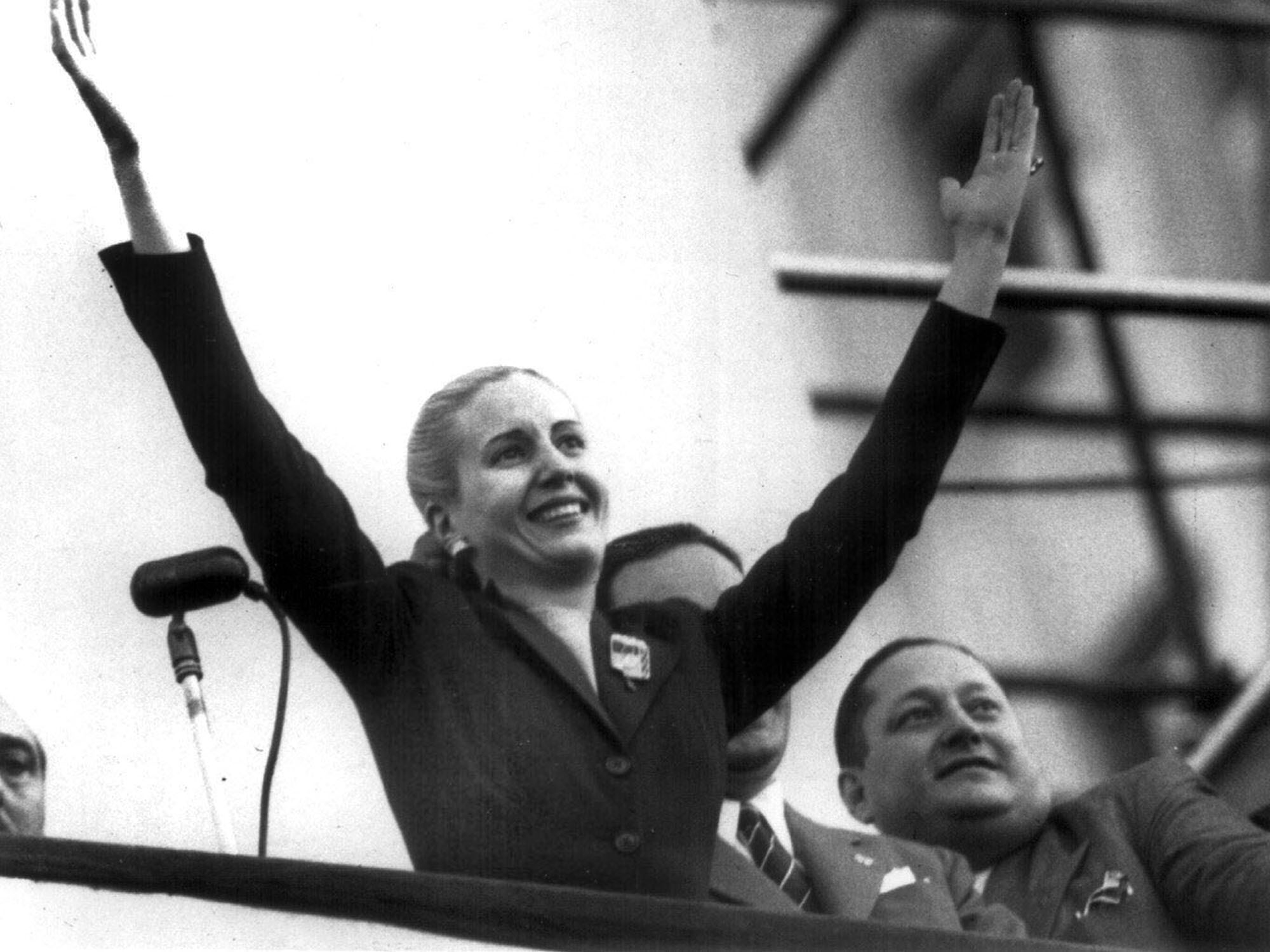 Maria Eva Duarte de Peron waves to supporters in Buenos Aires on October 17, 1951