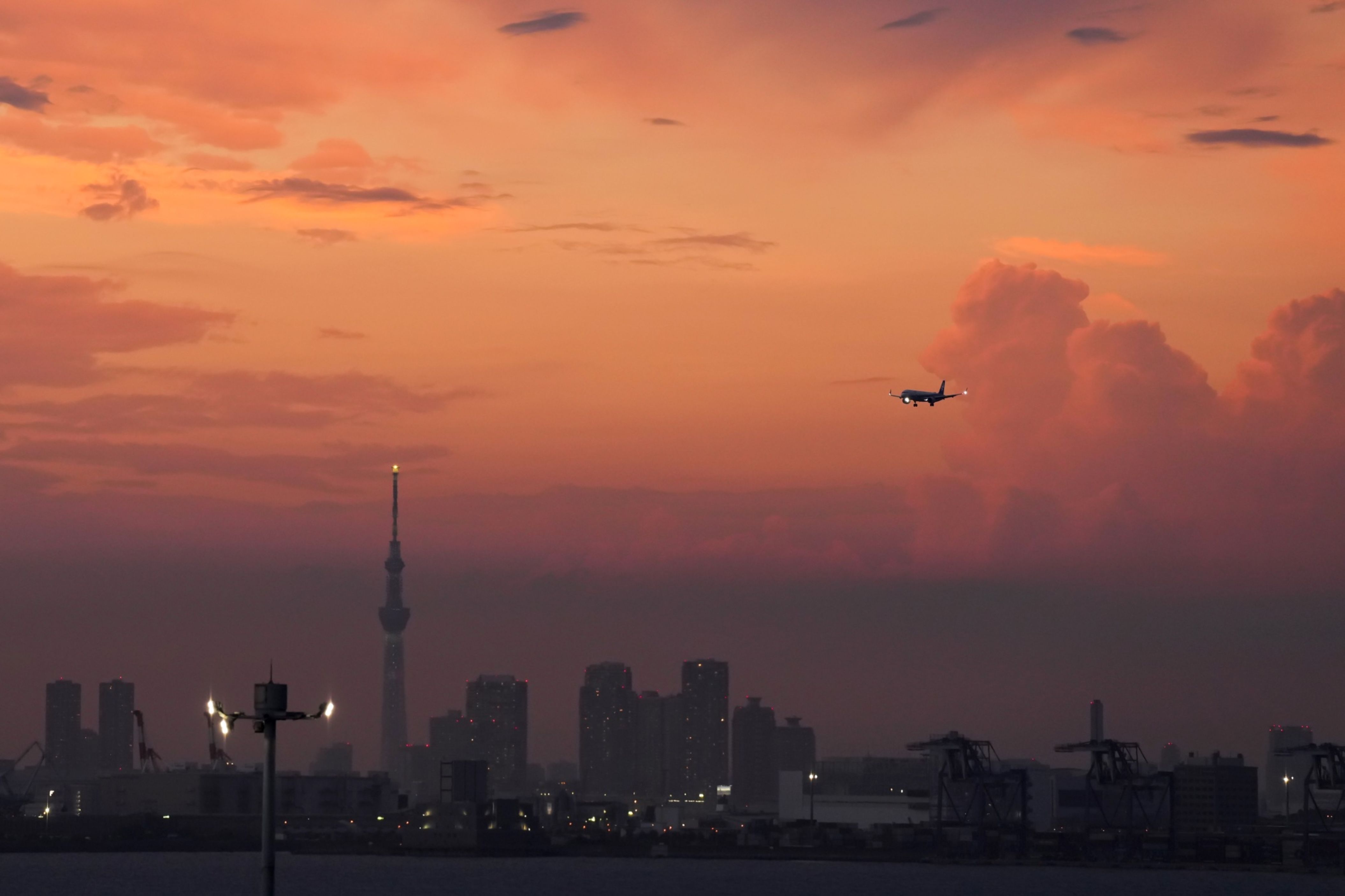 Tokyo skyline with a plane descending for arrival at Haneda airport, Tokyo, Japan.
