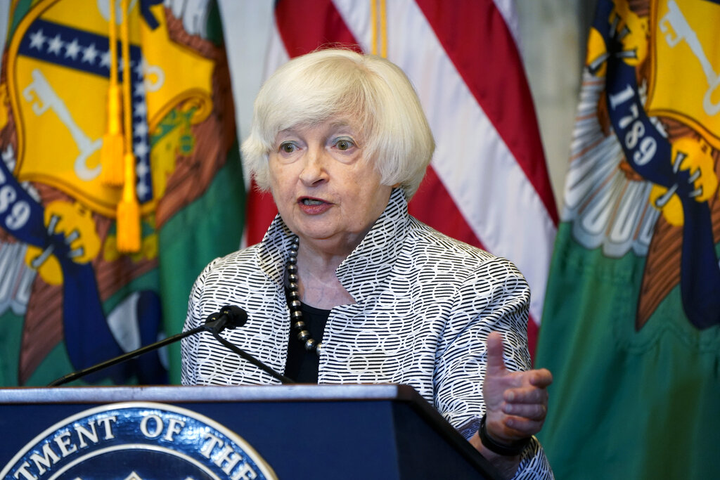 Treasury Secretary Janet Yellen speaks about the economy during a news conference at the Treasury Department in July, 2022.