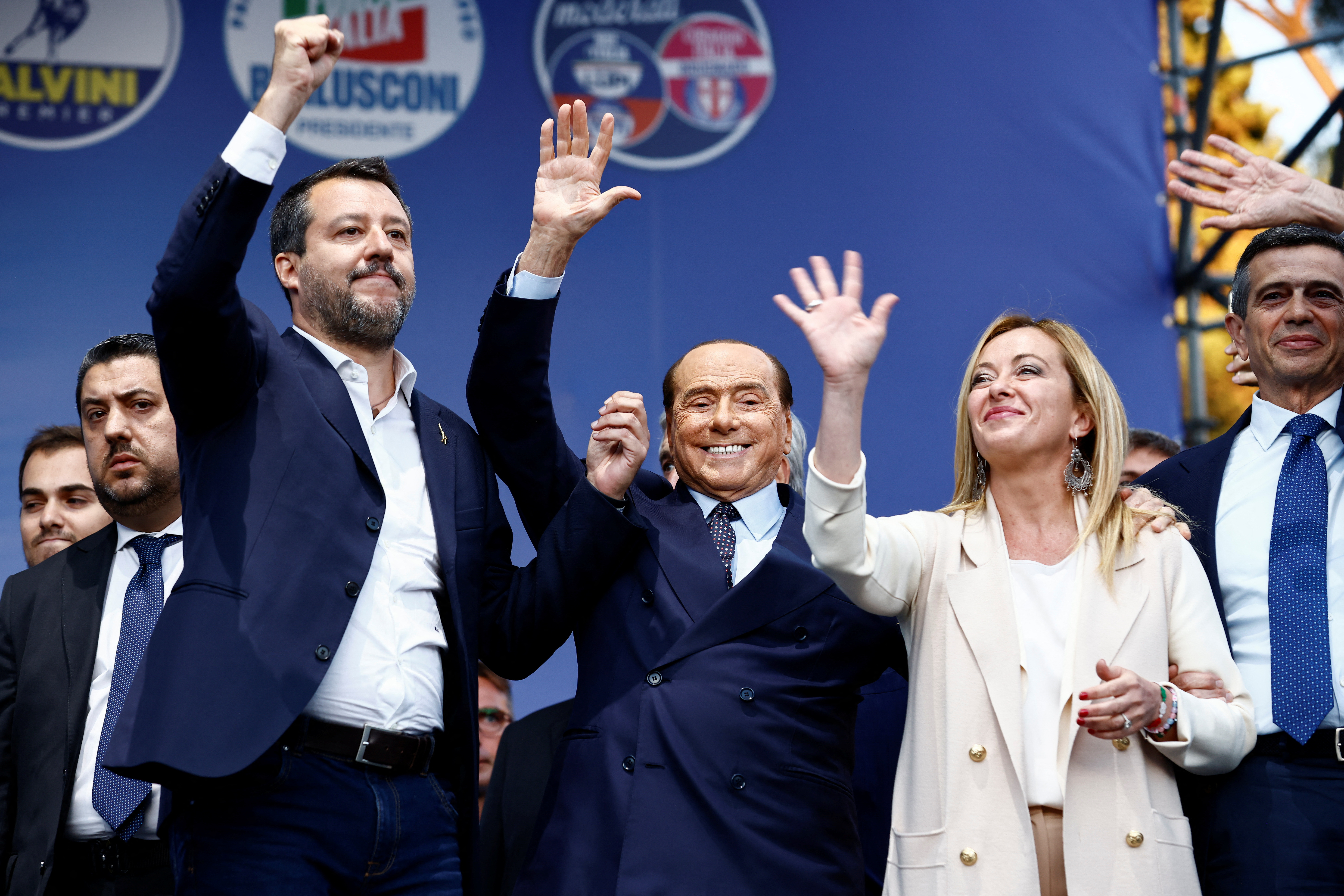 Lega (League) leader Matteo Salvini, Forza Italia leader Silvio Berlusconi and Brothers of Italy leader Giorgia Meloni wave during the closing electoral campaign rally of the centre-right coalition in Piazza del Popolo, ahead of the September 25 general election, in Rome, Italy, September 22, 2022.