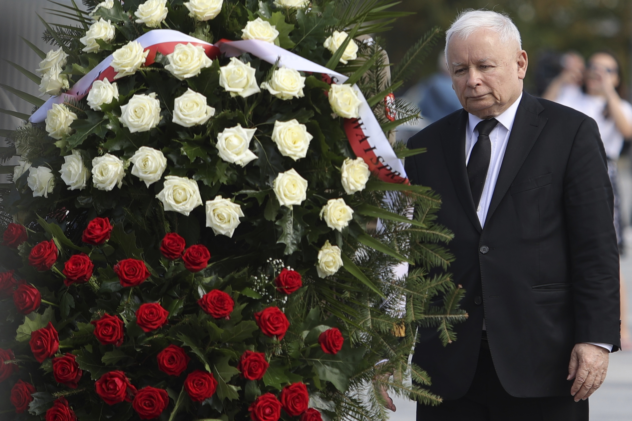 Poland's main ruling party leader Jaroslaw Kaczynski attends a wreath laying ceremony