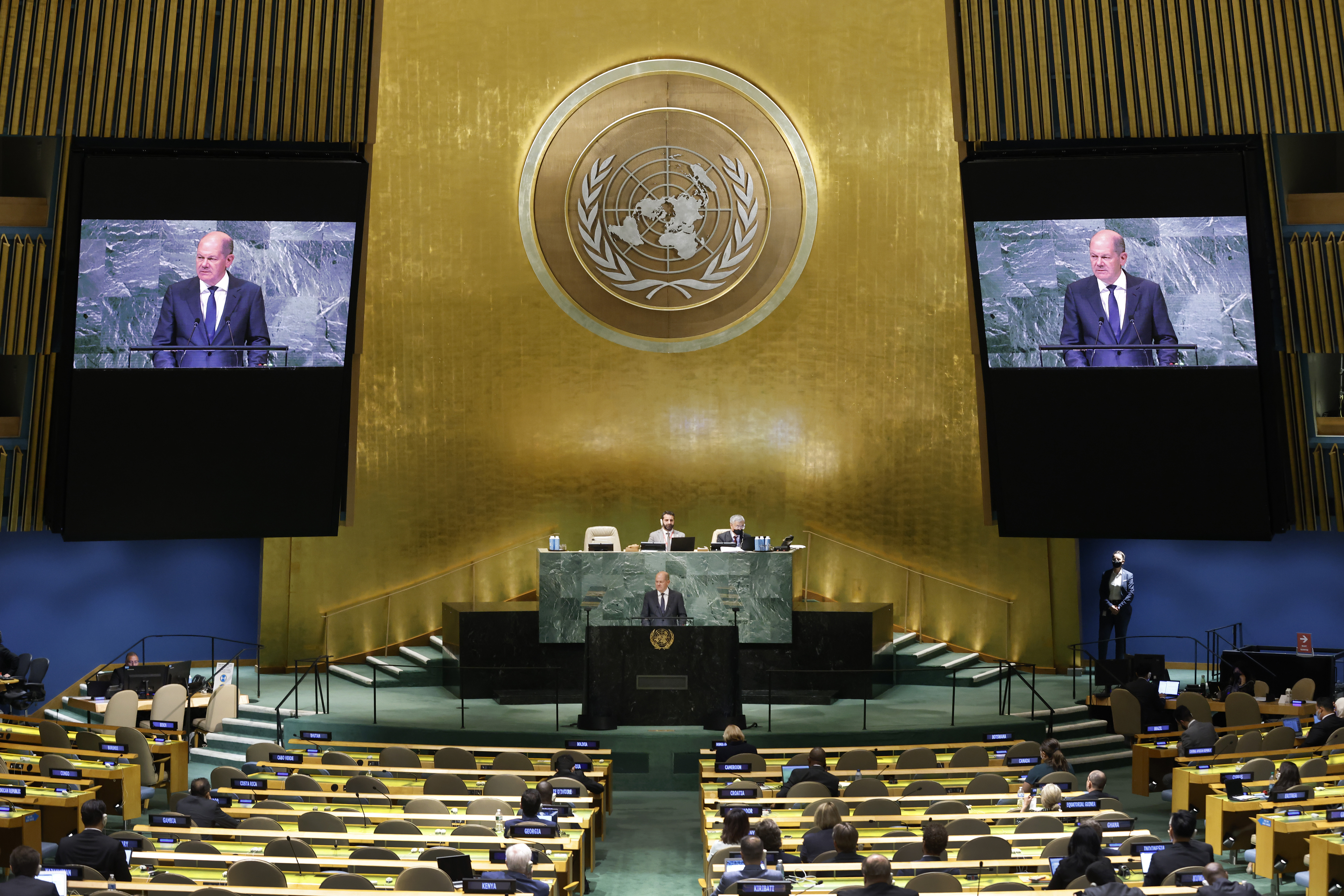 Germany's Chancellor Olaf Scholz addresses the 77th session of the United Nations General Assembly, at U.N. headquarters, Tuesday, Sept. 20, 2022.