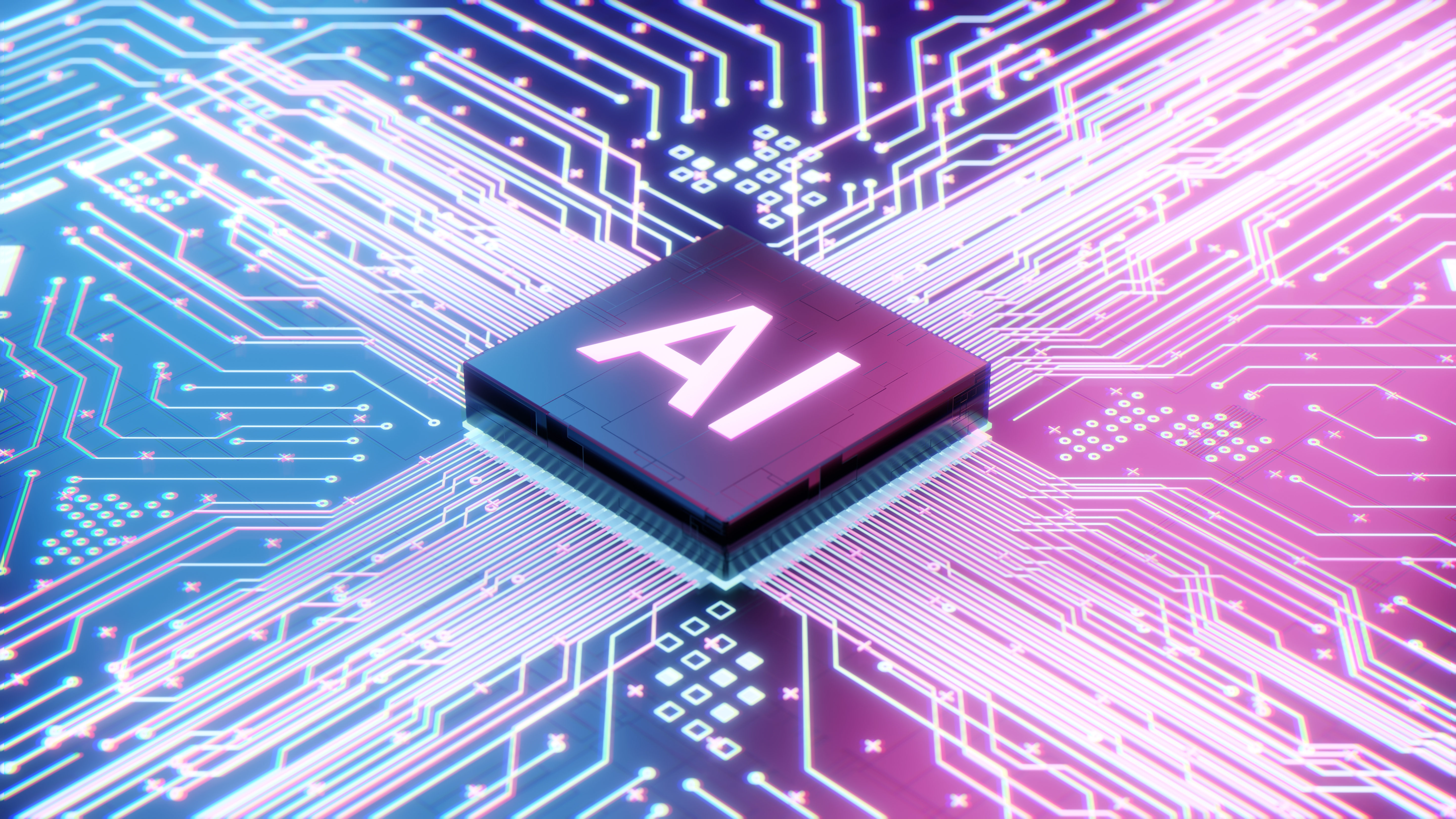AI microprocessor on motherboard computer circuit, Artificial intelligence integrated inside Central Processors Unit or CPU chip, 3d rendering futuristic digital data technology concept background [Getty]