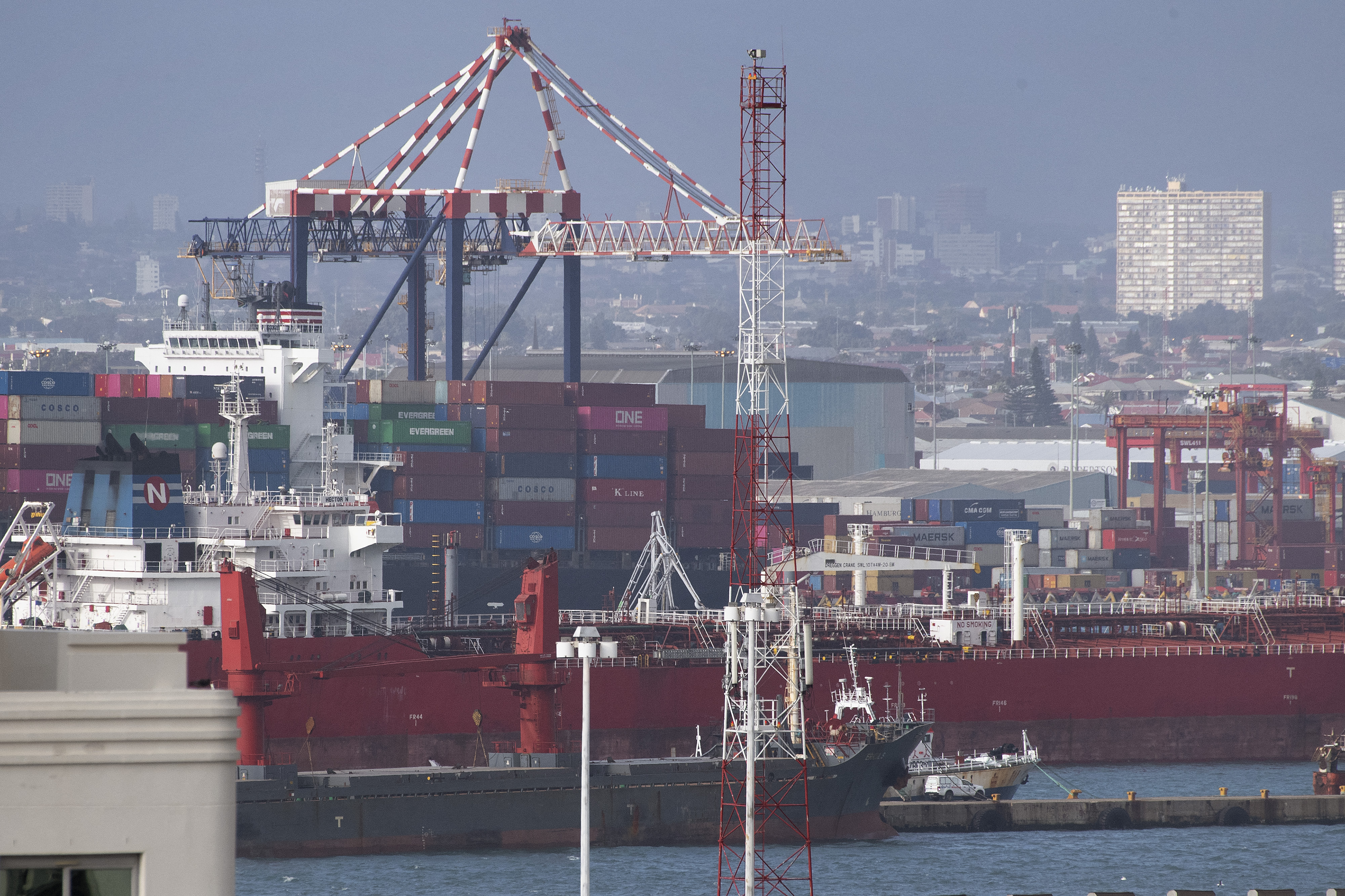 Container-ships is tied up, inside Cape Town harbour