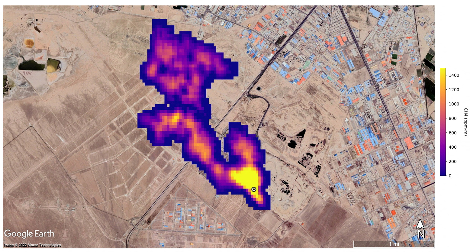 NASA imaging of a methane plume at least 4.8km (3 miles) long rising from a major landfill site, where methane is a byproduct of decomposition, south of Tehran, Iran.
