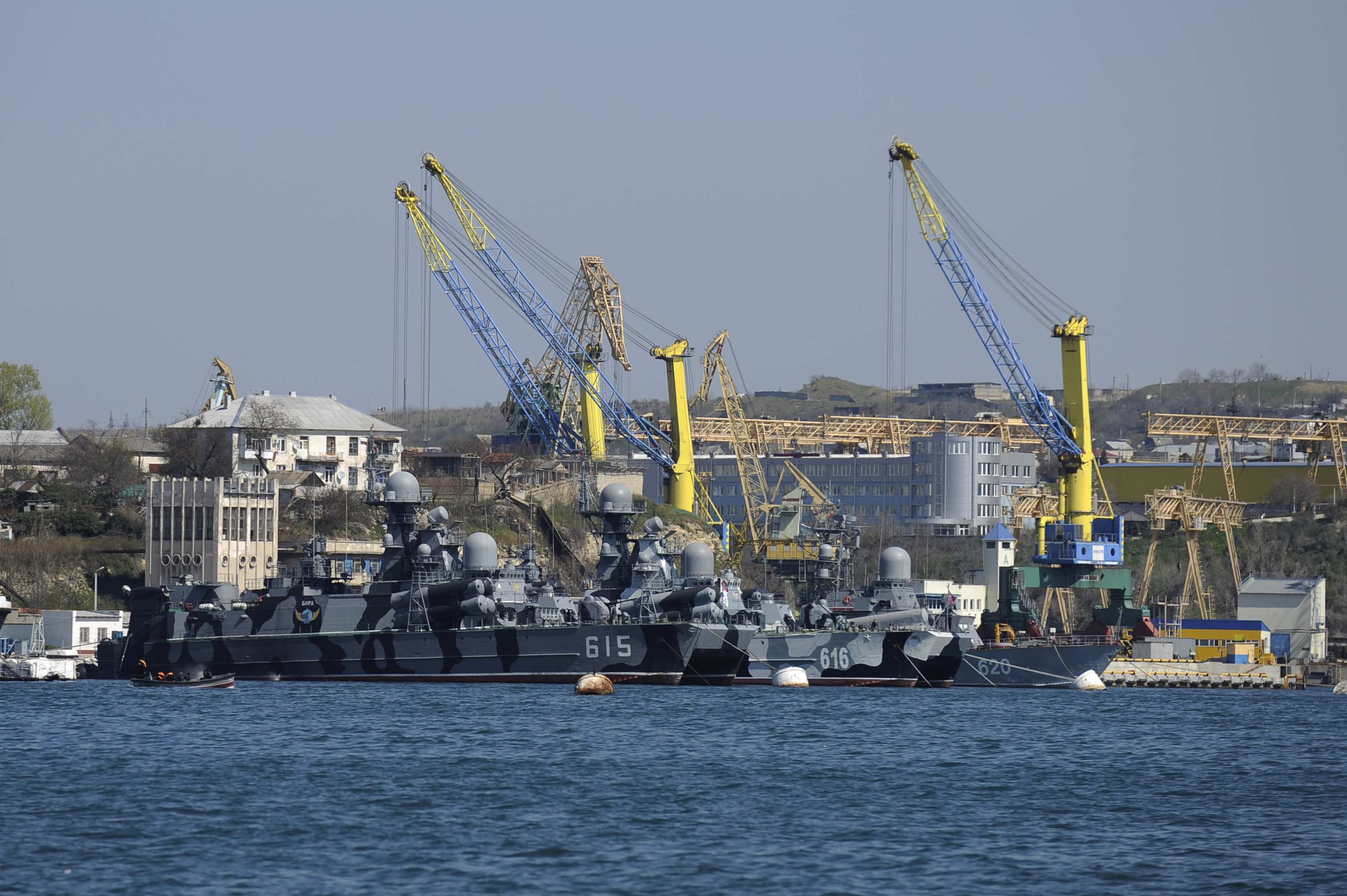 Russian Black Sea fleet ships are anchored in one of the bays of Sevastopol, Crimea