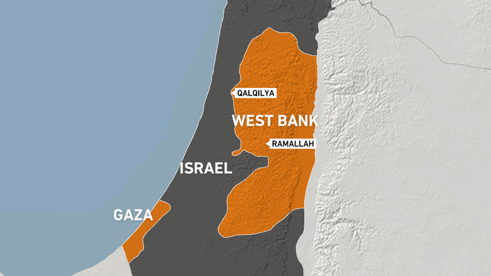 Map of the occupied West Bank showing cities of Ramallah and Qalqilya