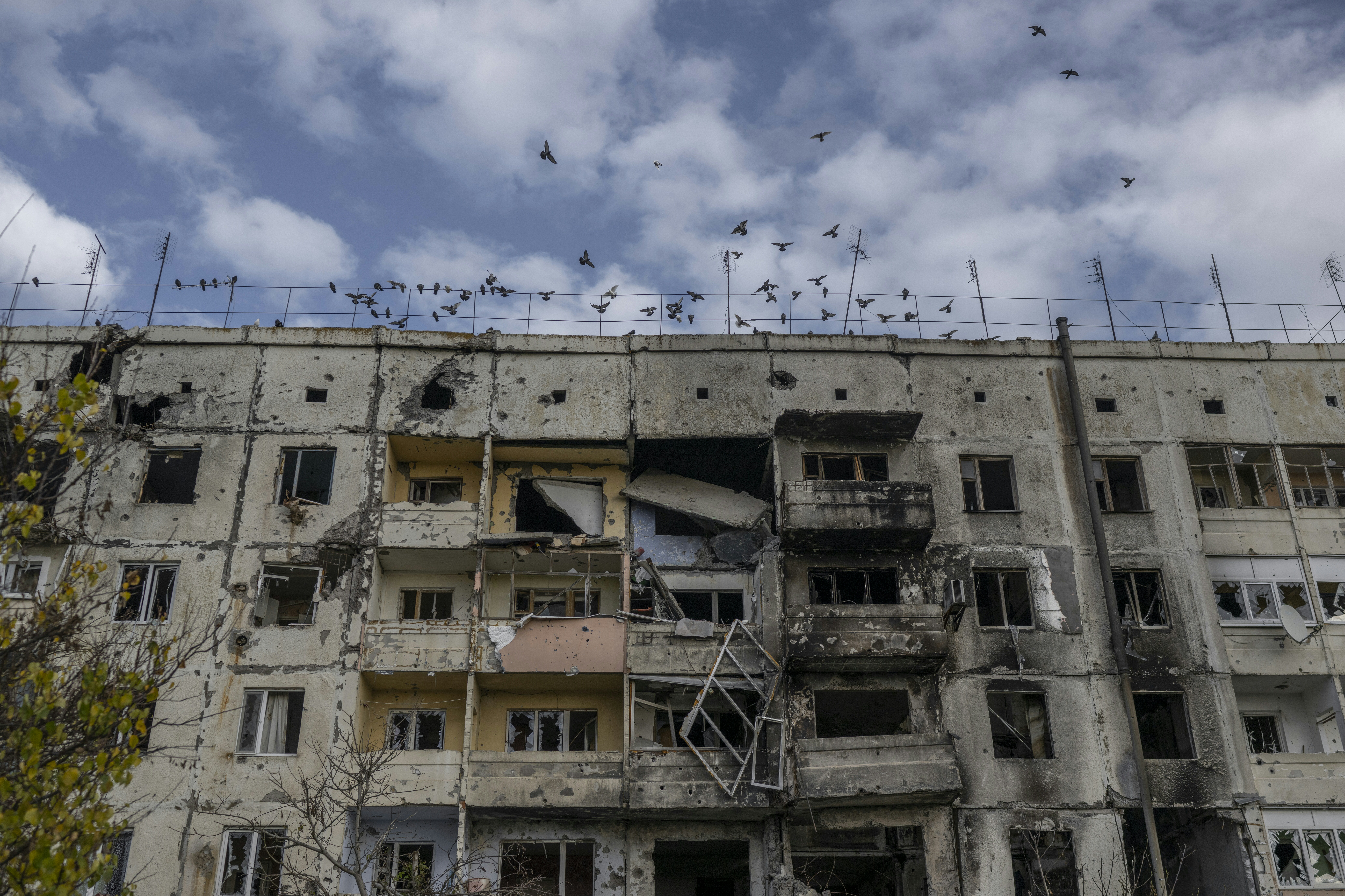 Birds fly over a damaged building in the Kherson region village of Arkhanhelske, Ukraine.