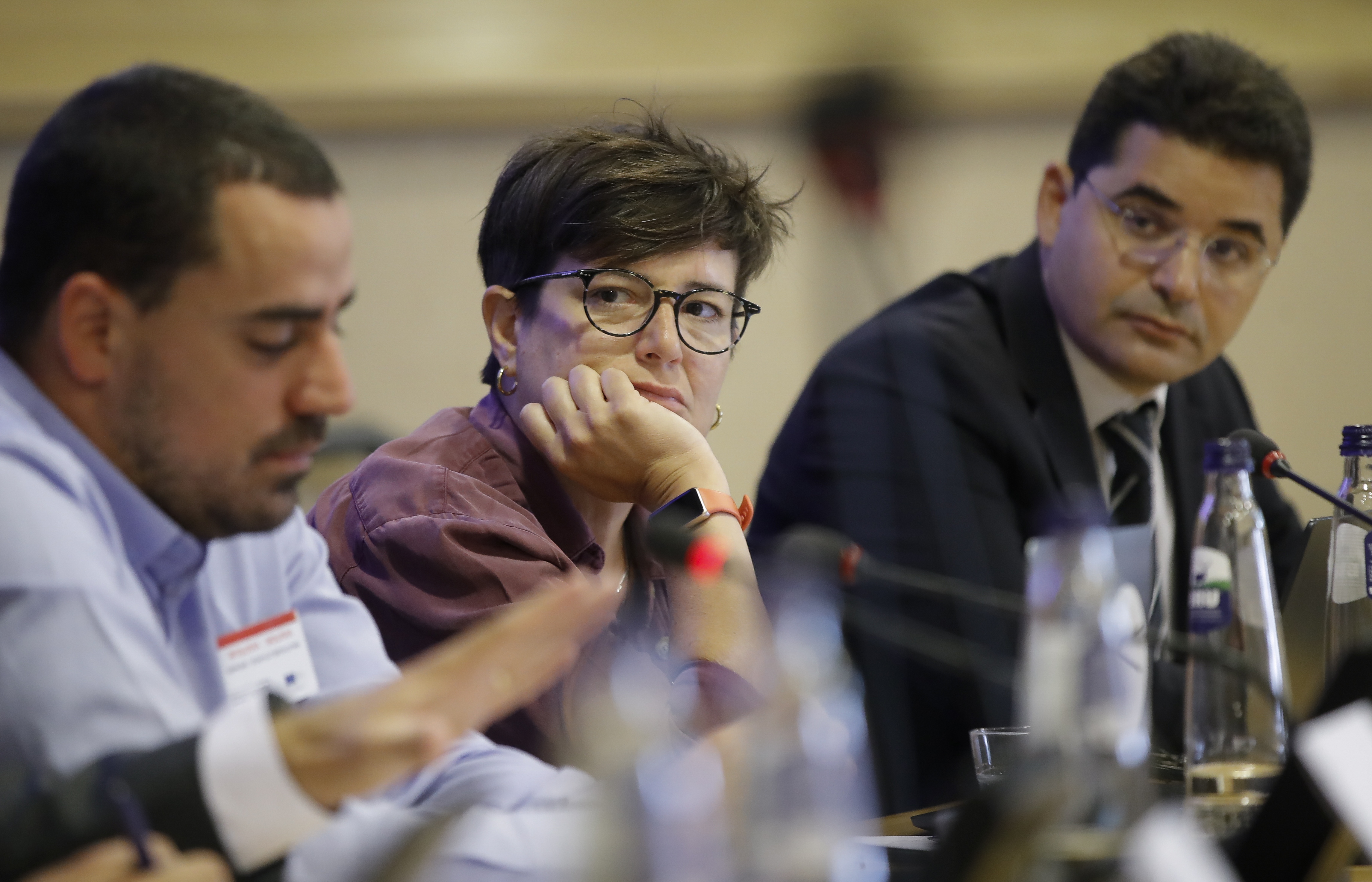 Greek Journalists Stavros Malichudis, Eliza Triantafillou, and Thanasis Koukakis attend a hearing by the European Parliament’s Inquiry Committee